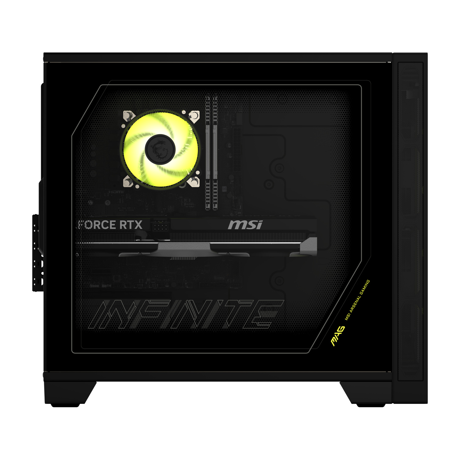 Un PC da gioco MSI nero con ventola gialla luminosa e scheda grafica GeForce RTX visibile attraverso il pannello in vetro.