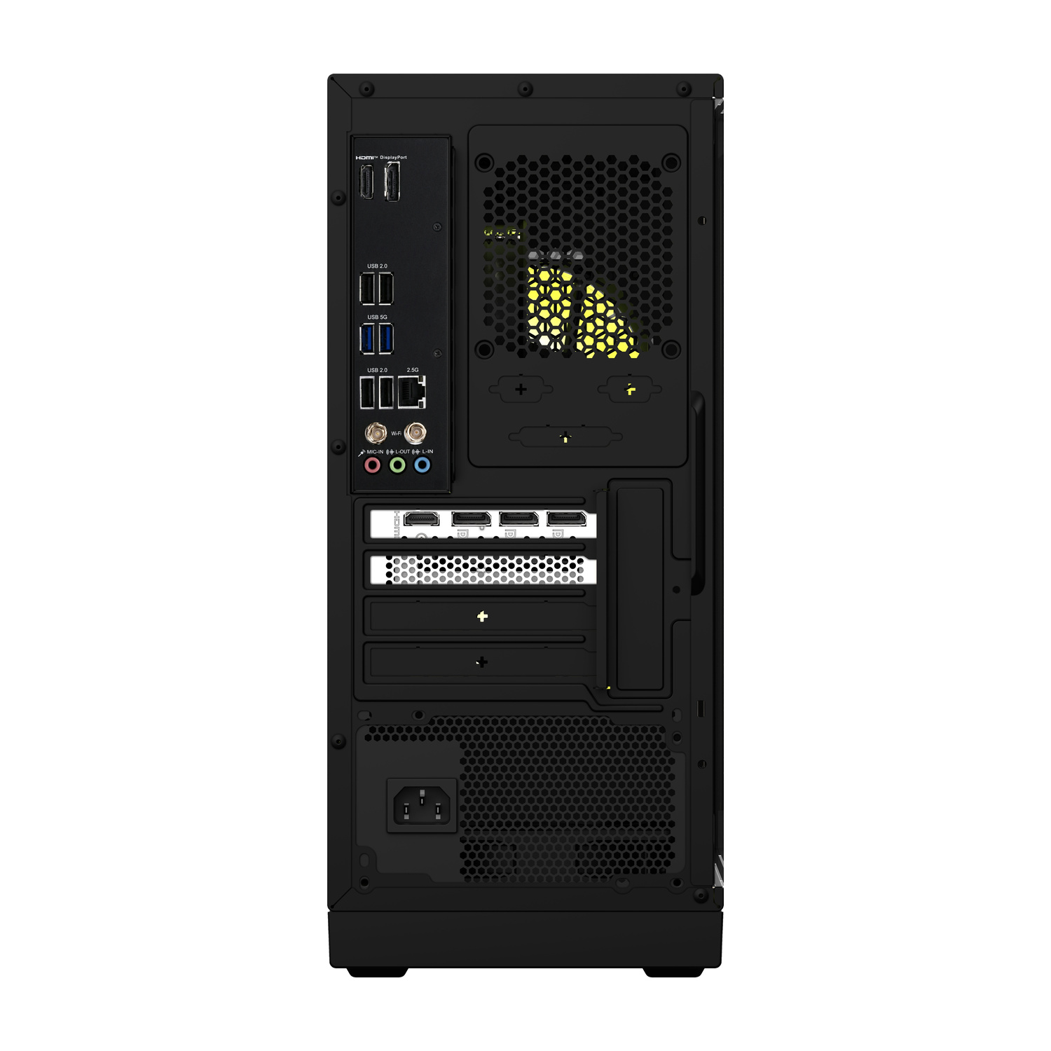Vista posteriore di un case PC nero con varie porte, griglie di ventilazione e presa di corrente.