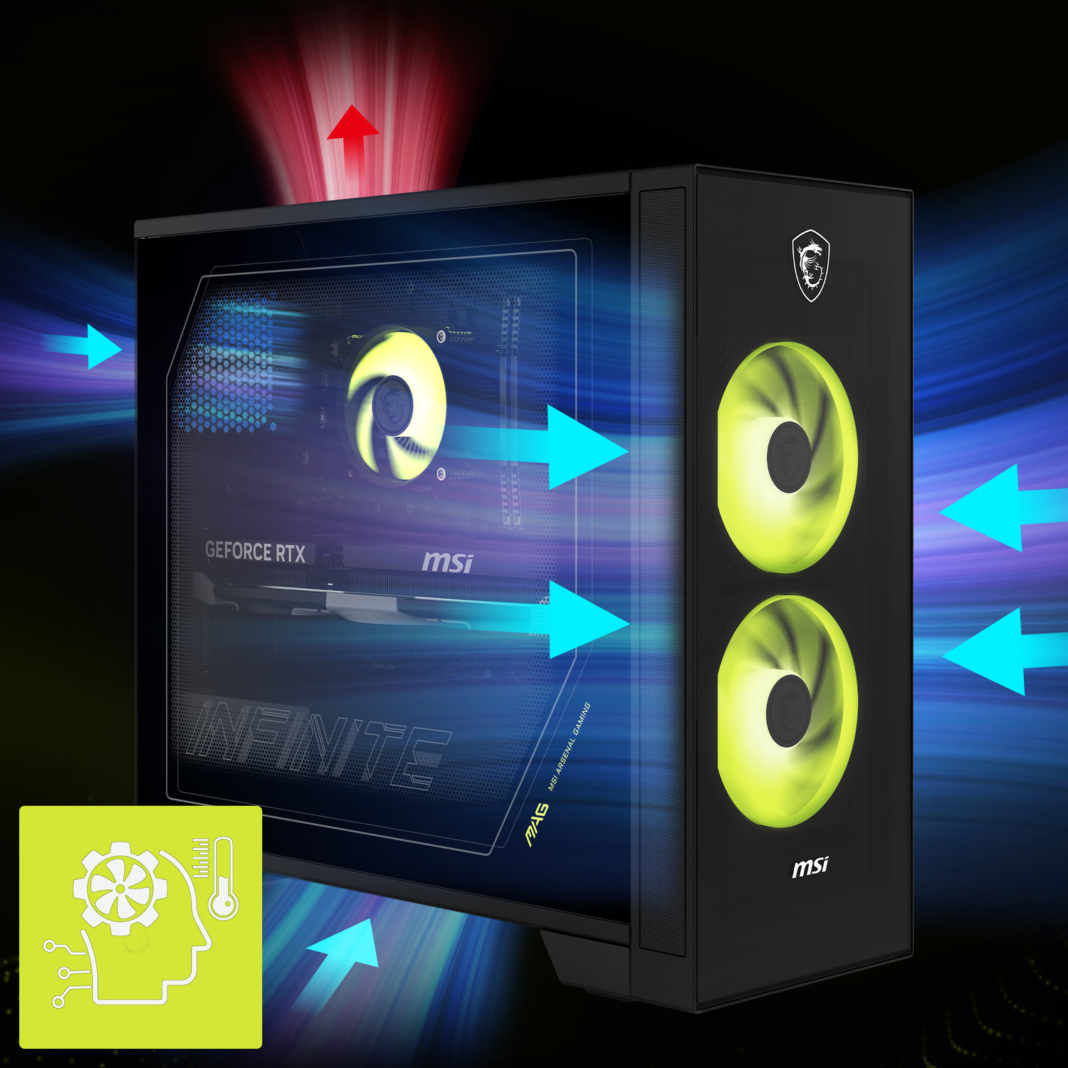 PC da gioco MSI con ventole gialle luminose e frecce del flusso d'aria blu e rosse su sfondo nero.