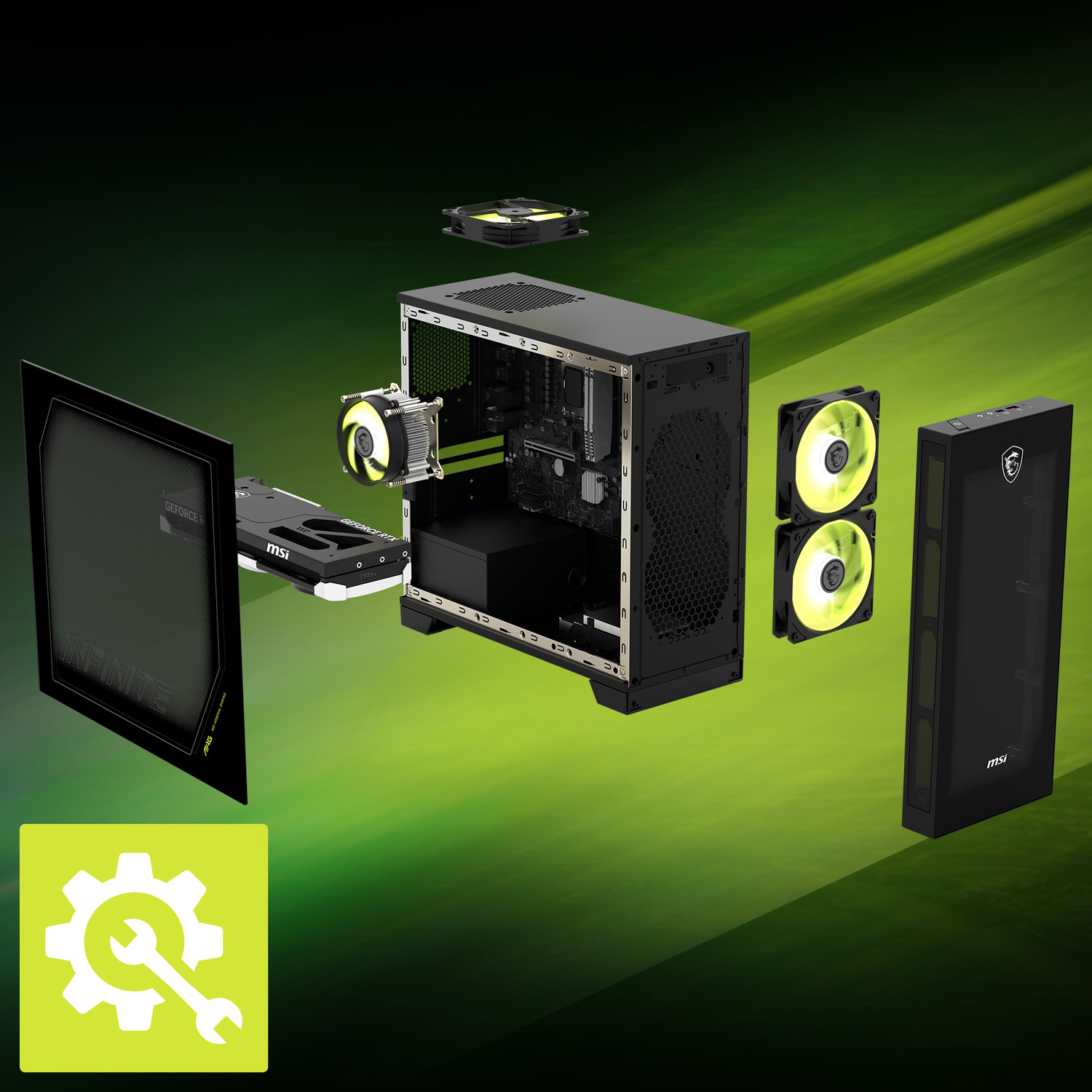 Vista esplosa di un PC da gaming MSI nero con ventole gialle luminose su sfondo verde.
