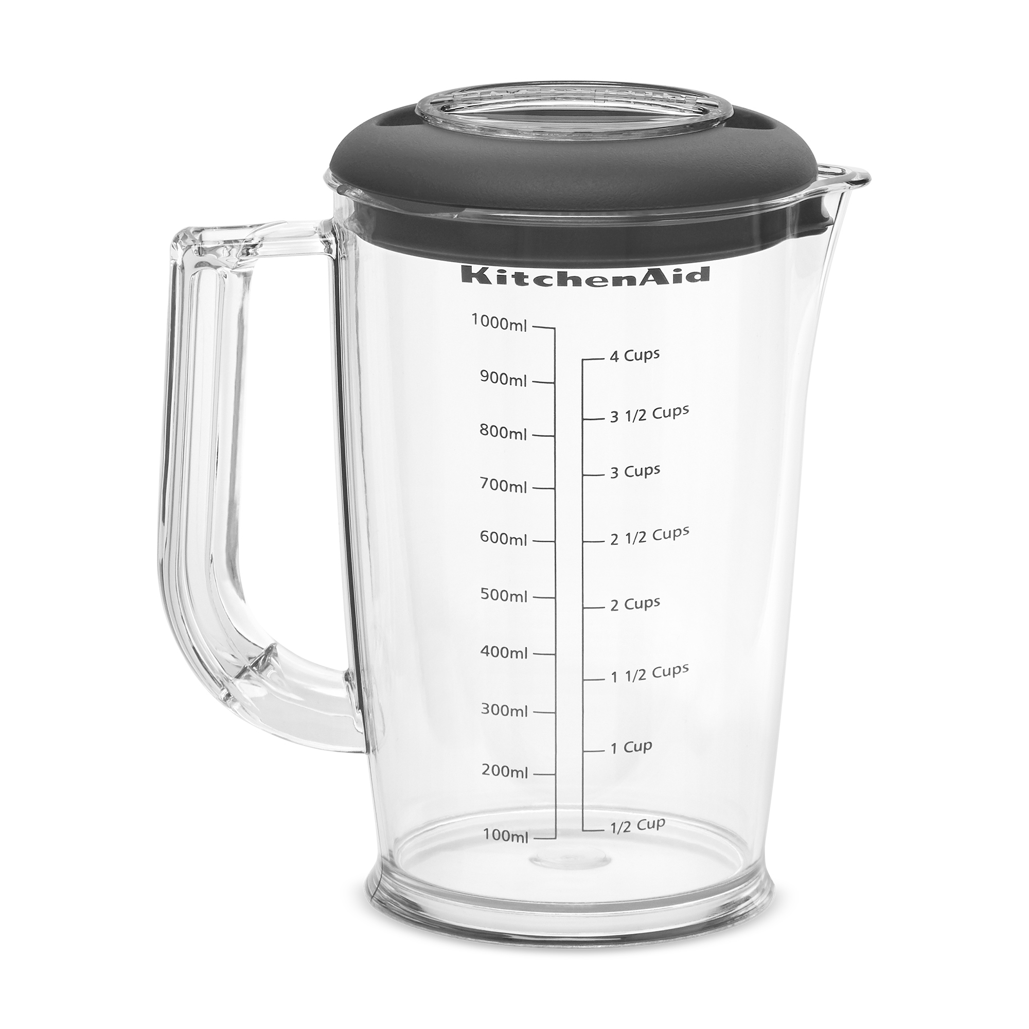 Przezroczysty dzbanek z miarką KitchenAid z czarną pokrywką, uchwytem i podziałką.