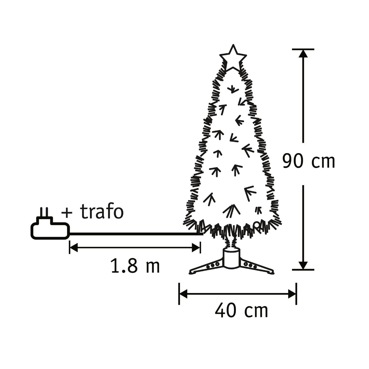 Technical diagram of a 90 cm artificial Christmas tree with a 1.8 m cable, transformer, and 40 cm stand.