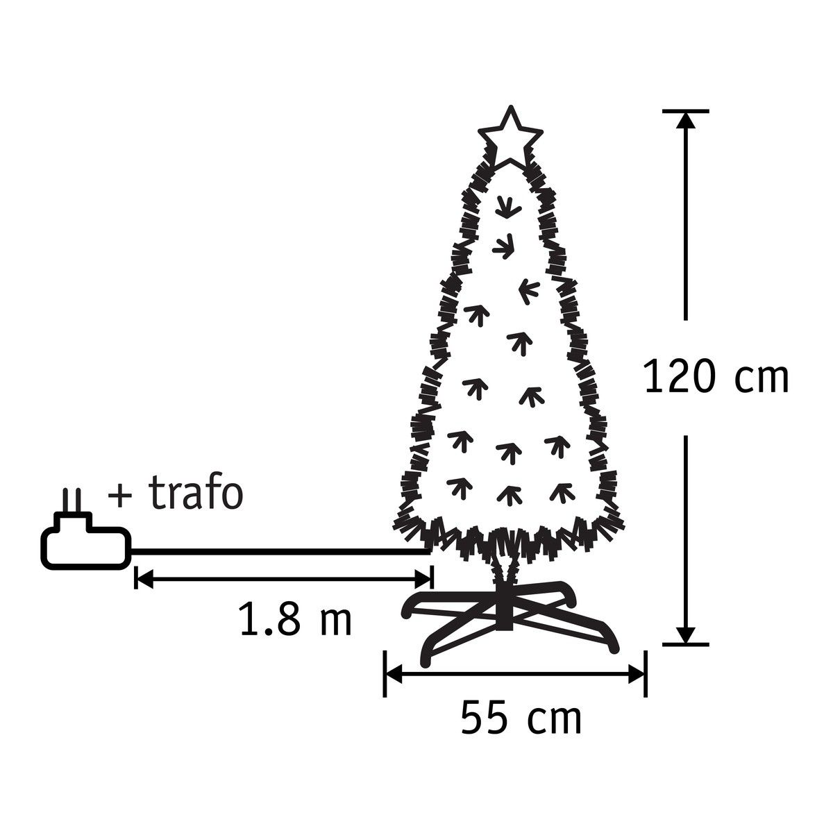 Schéma d'un sapin de Noël de 120 cm avec base de 55 cm et câble de 1,8 m avec transfo.