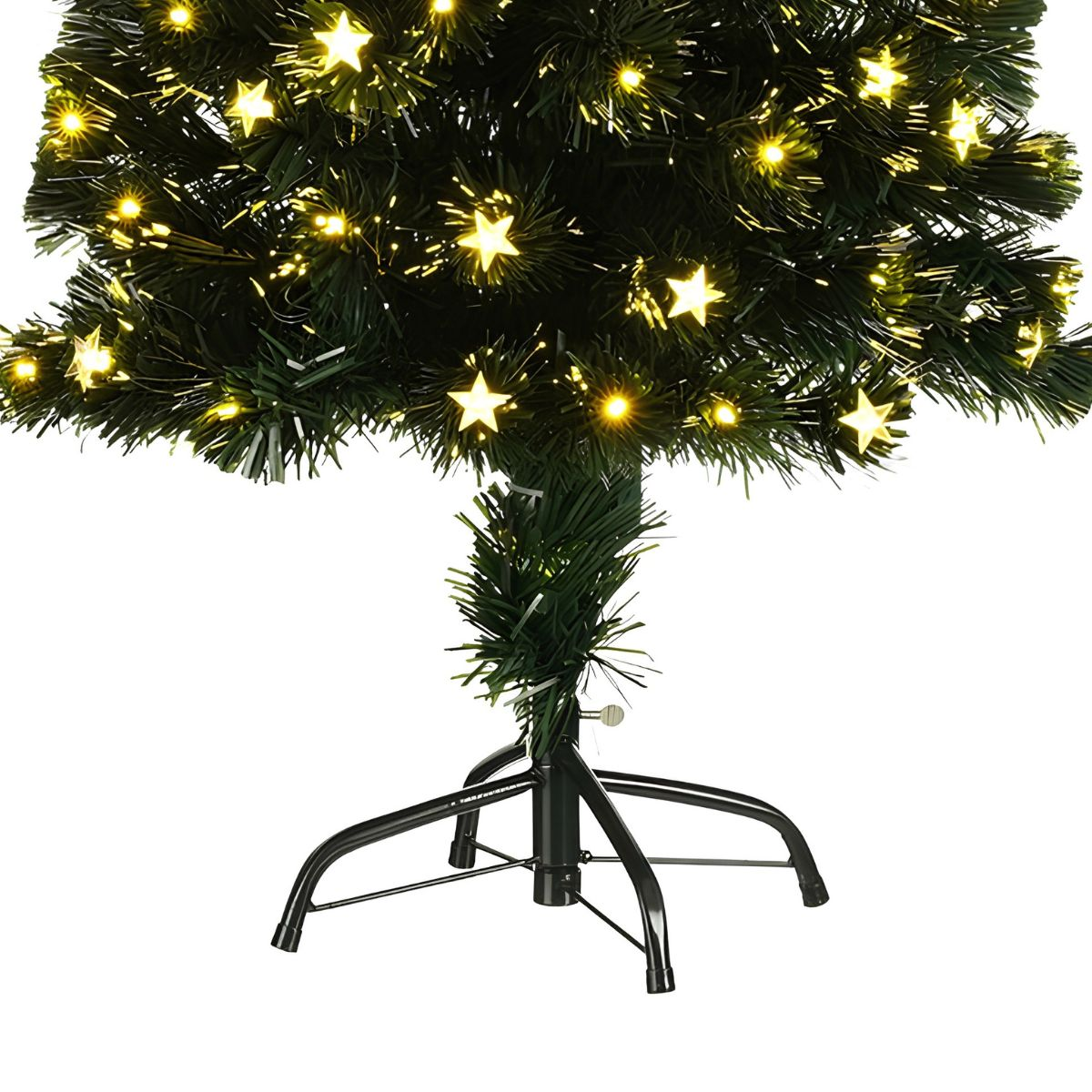 Un sapin de Noël artificiel avec des lumières lumineuses en forme d'étoile sur un support en métal noir.