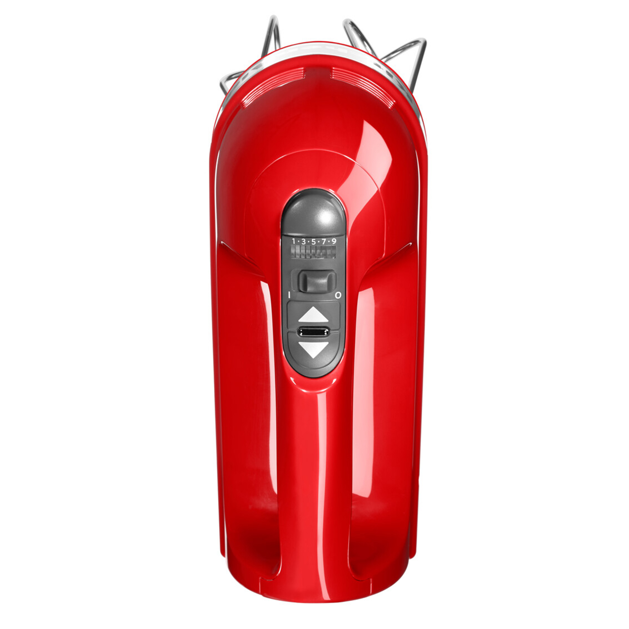A glossy red hand mixer viewed from above, featuring dark grey speed controls and metal beaters.