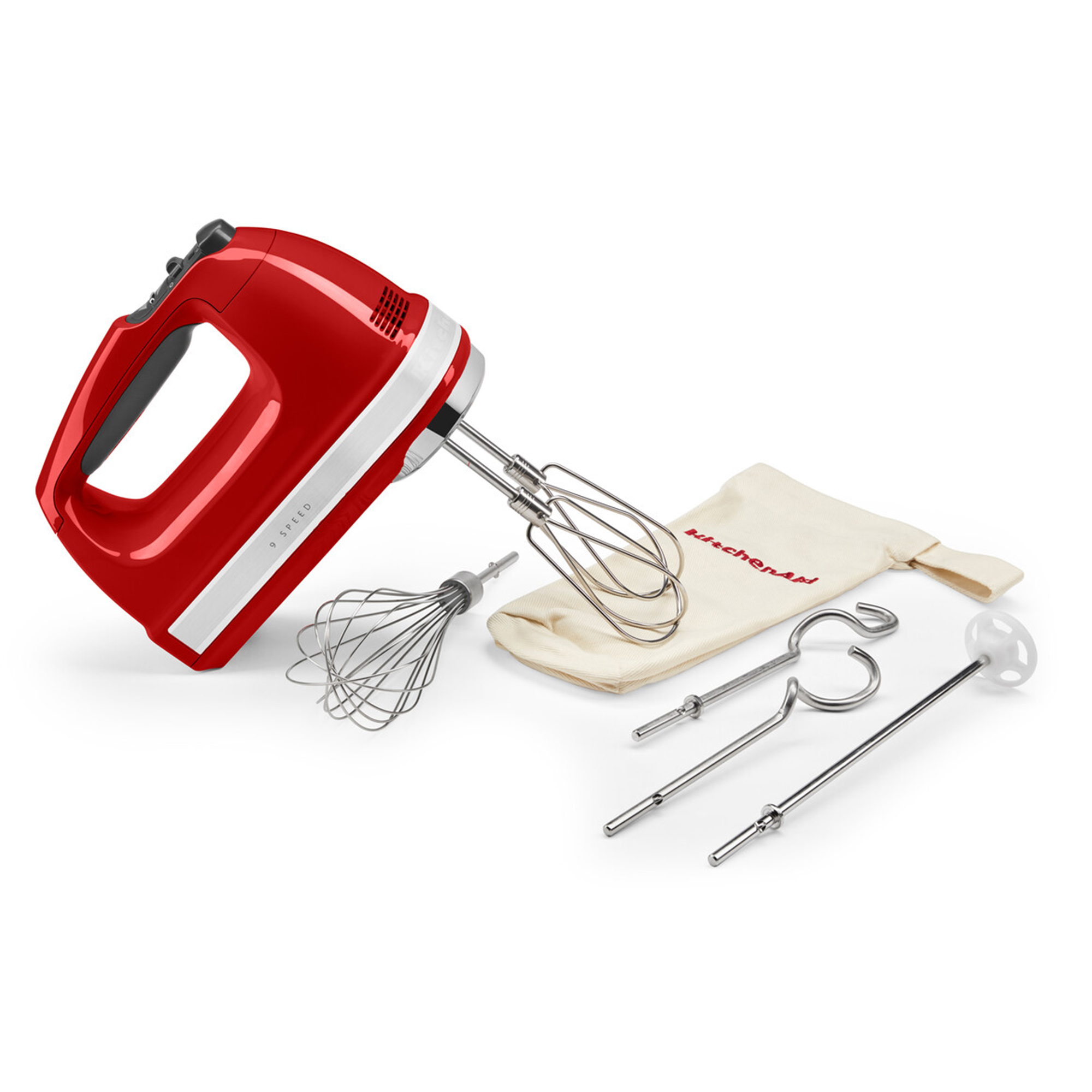 A red hand mixer with various attachments and a storage bag on a white background.