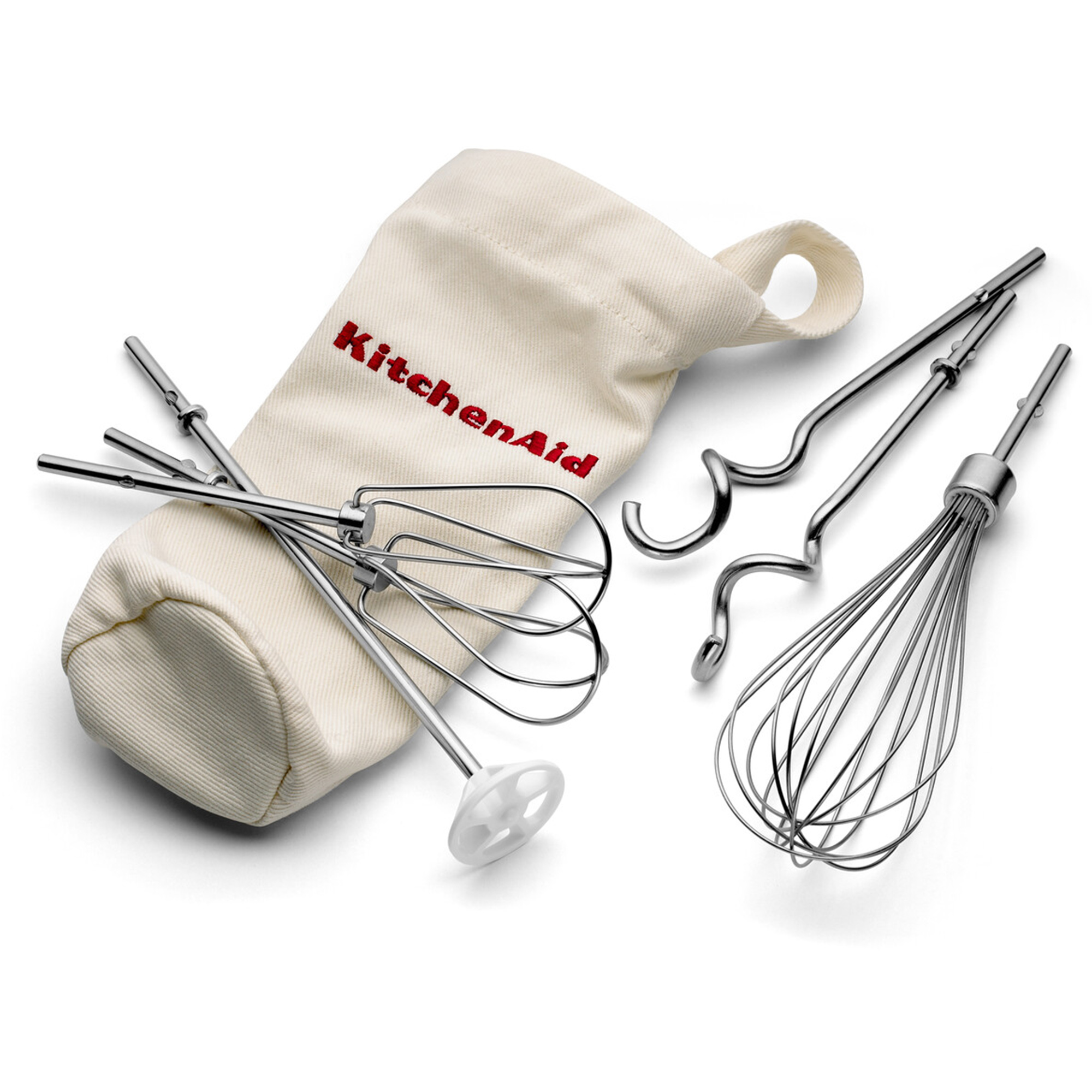 KitchenAid fabric bag with various silver mixer attachments and whisks on a white background.