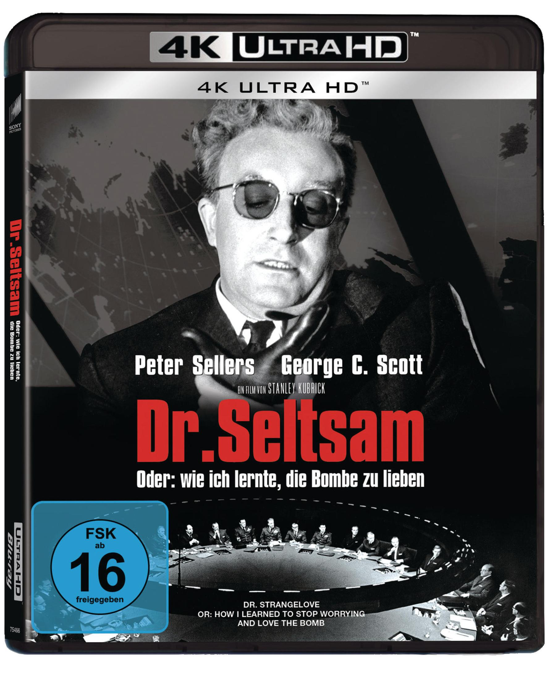 Blu-ray-Hülle von Dr. Seltsam mit Peter Sellers in Sonnenbrille und einer Kriegsszene im Hintergrund.