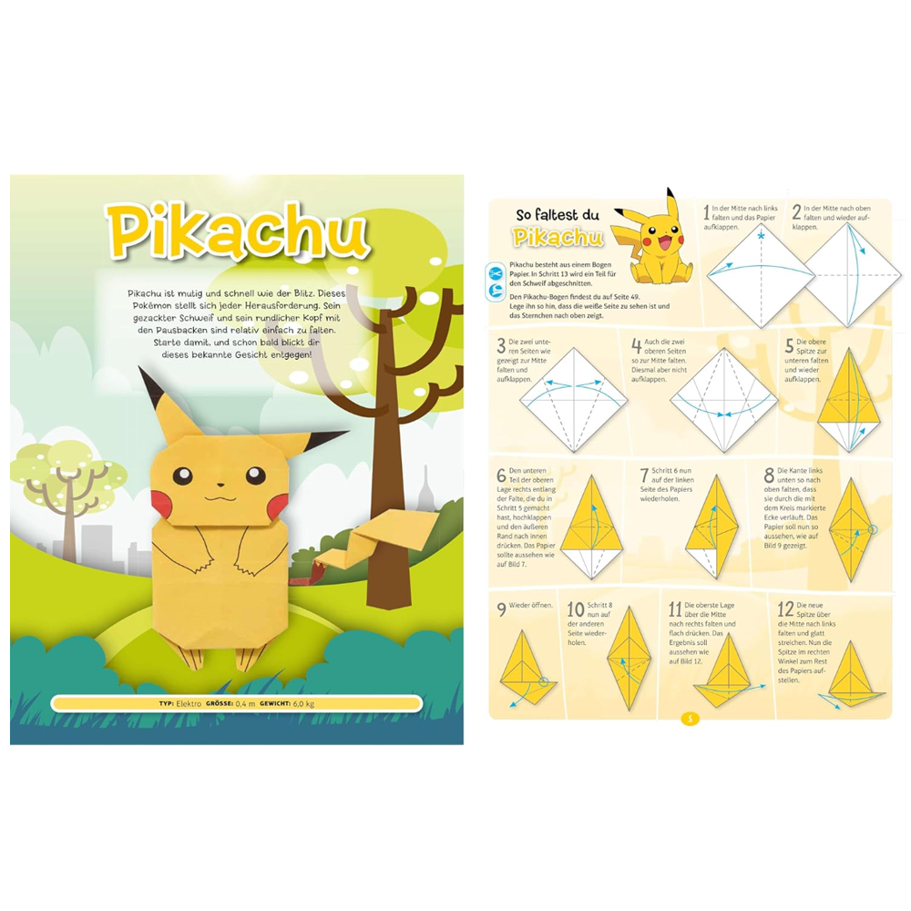 Eine Origami-Anleitung für Pikachu auf einer bunten Seite mit Text und Faltschritten.