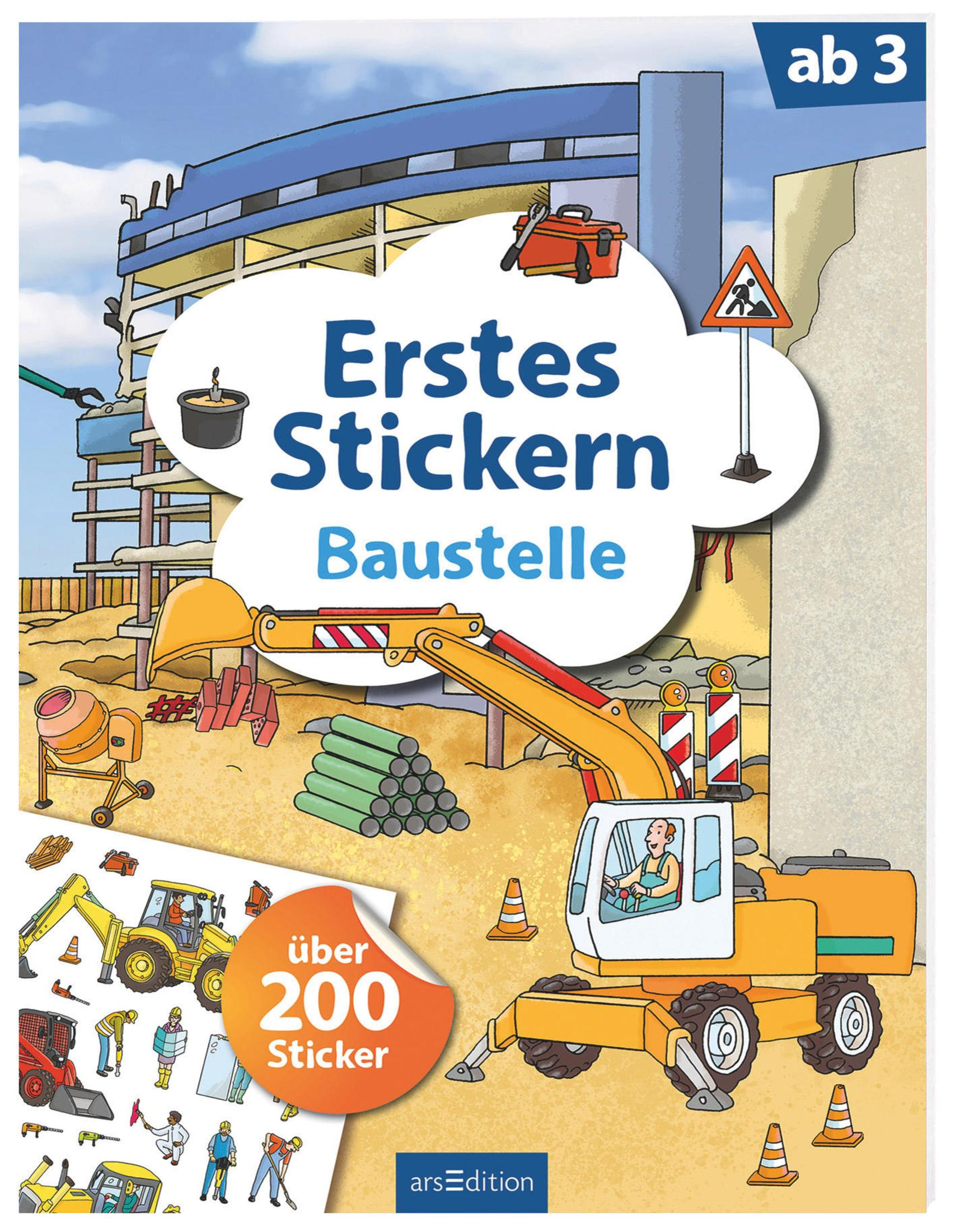 Buntes Buchcover "Erstes Stickern Baustelle" mit gelbem Bagger und verschiedenen Stickern.