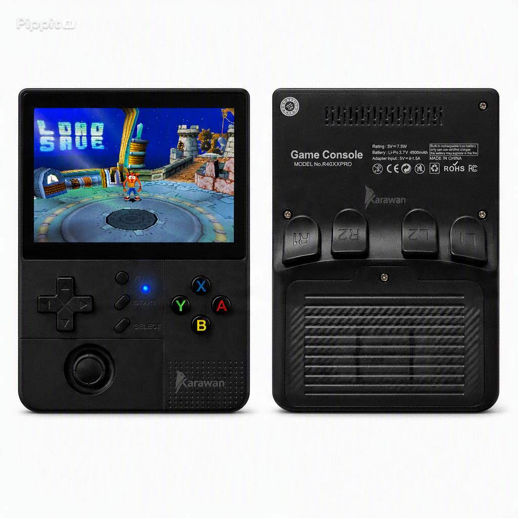 Consola de juegos portátil negra con pantalla a color, D-pad, botones de acción y botones traseros.