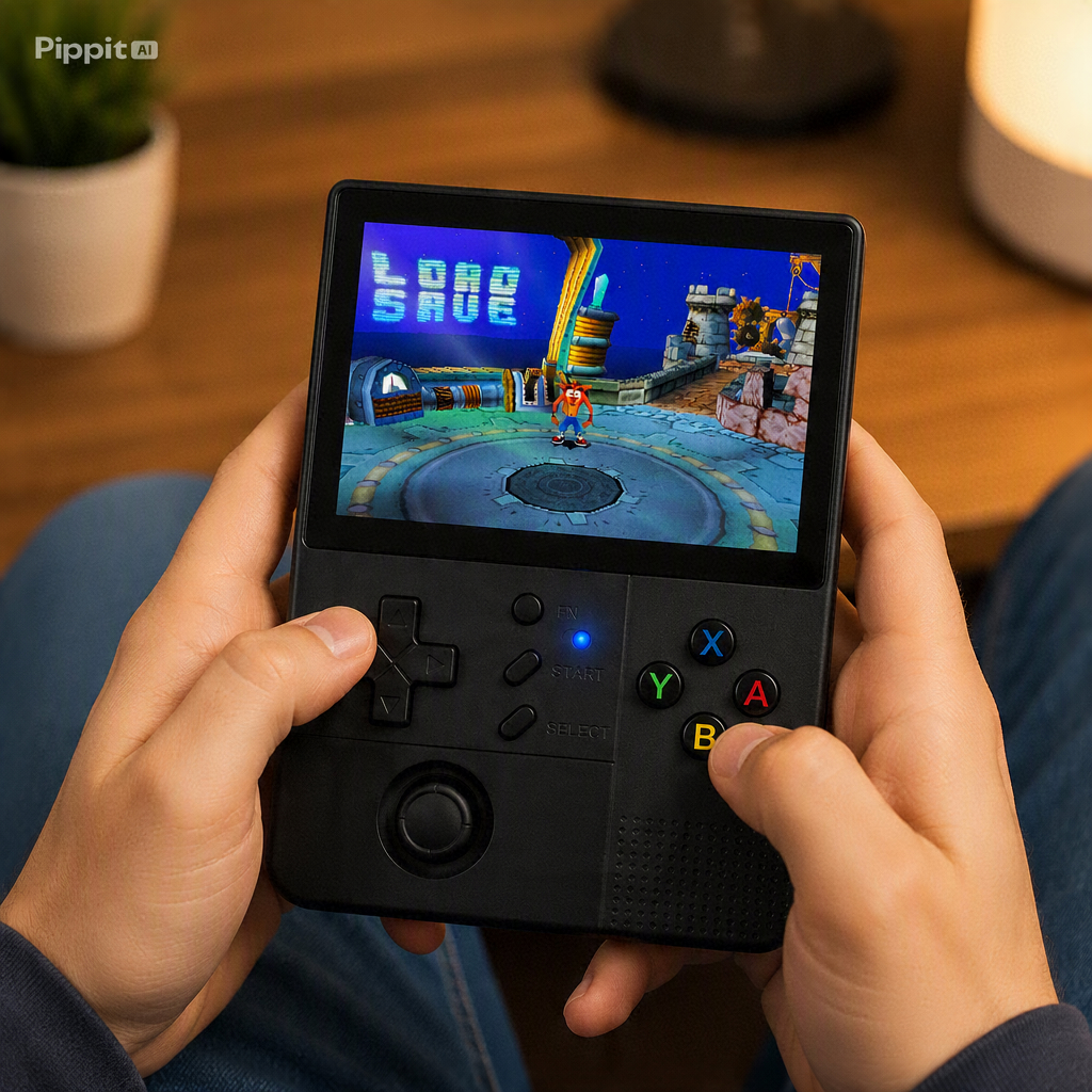 Manos sosteniendo una consola de juegos portátil retro negra con un videojuego.