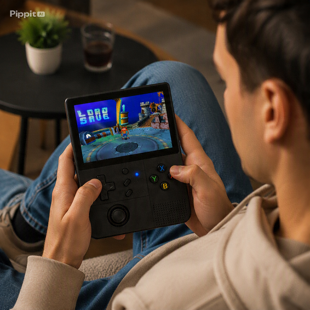 Un hombre sentado en el sofá juega a un videojuego en una consola portátil.