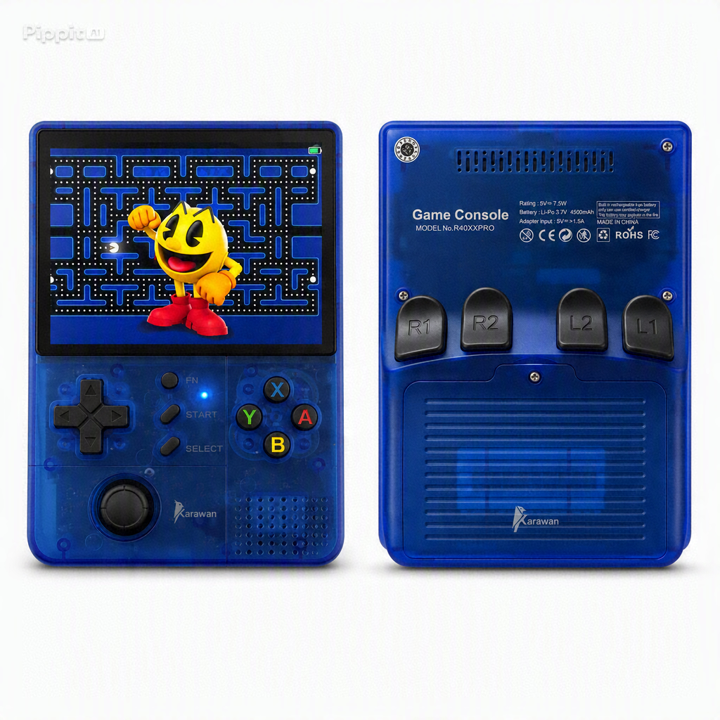 Dos vistas de una consola portátil azul con Pac-Man en la pantalla y cuatro botones superiores en la parte posterior.