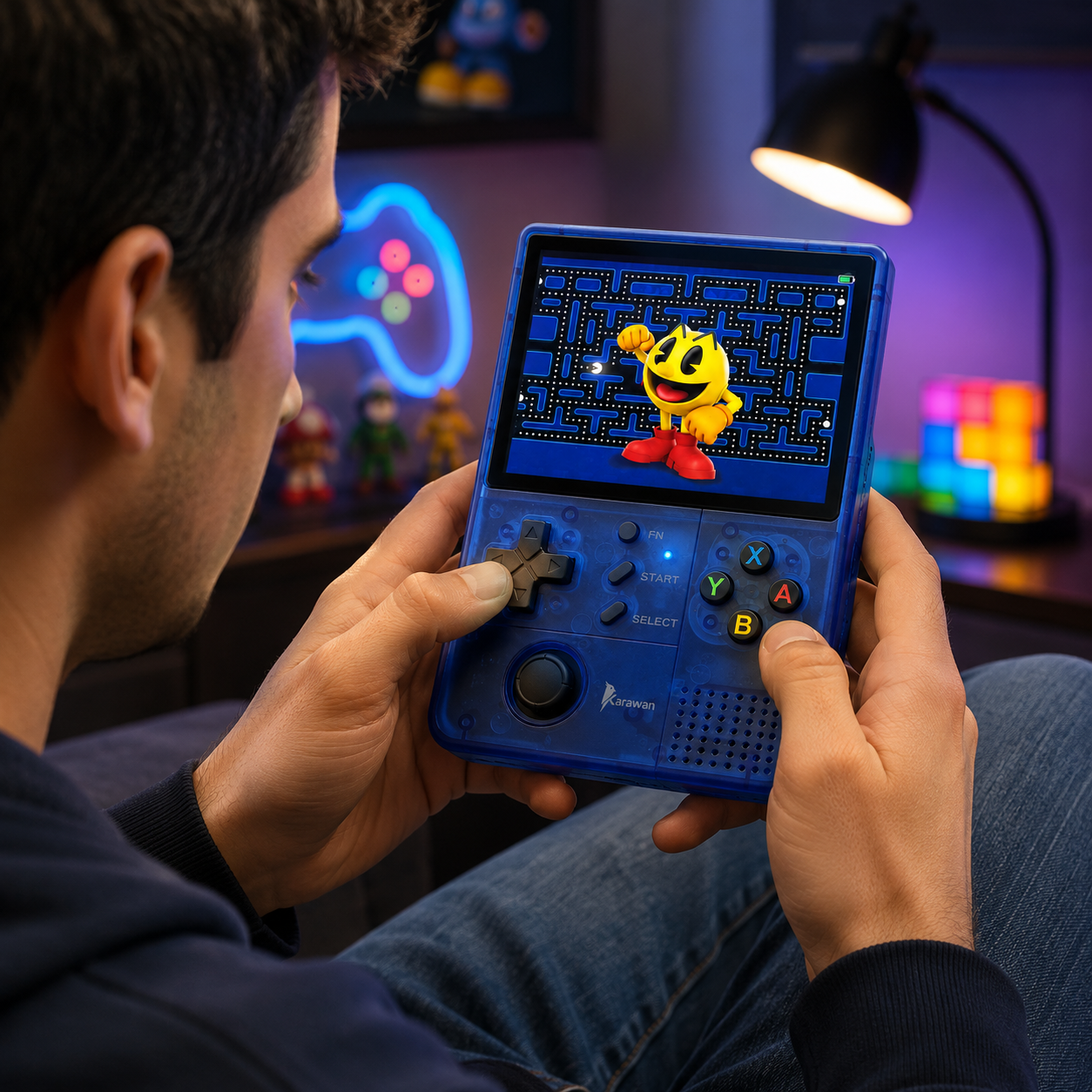 Un hombre sostiene una consola portátil azul jugando a Pac-Man en una habitación tenue con luces de neón.