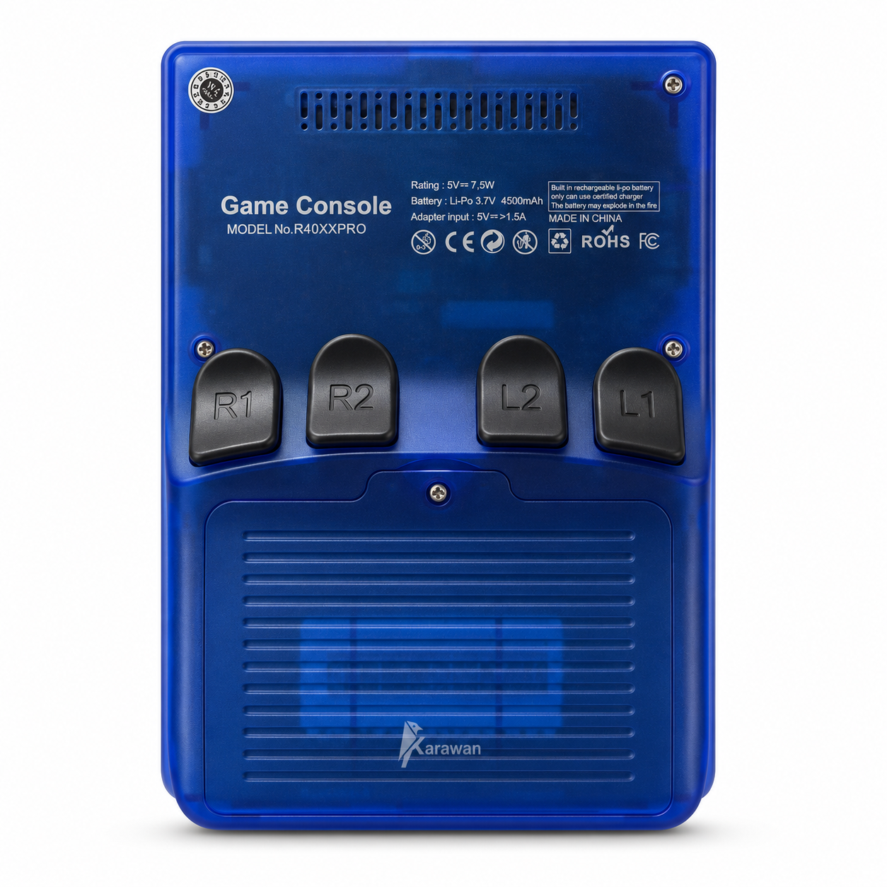 Parte trasera de una consola de videojuegos portátil azul con cuatro botones de hombro negros y varias etiquetas técnicas.