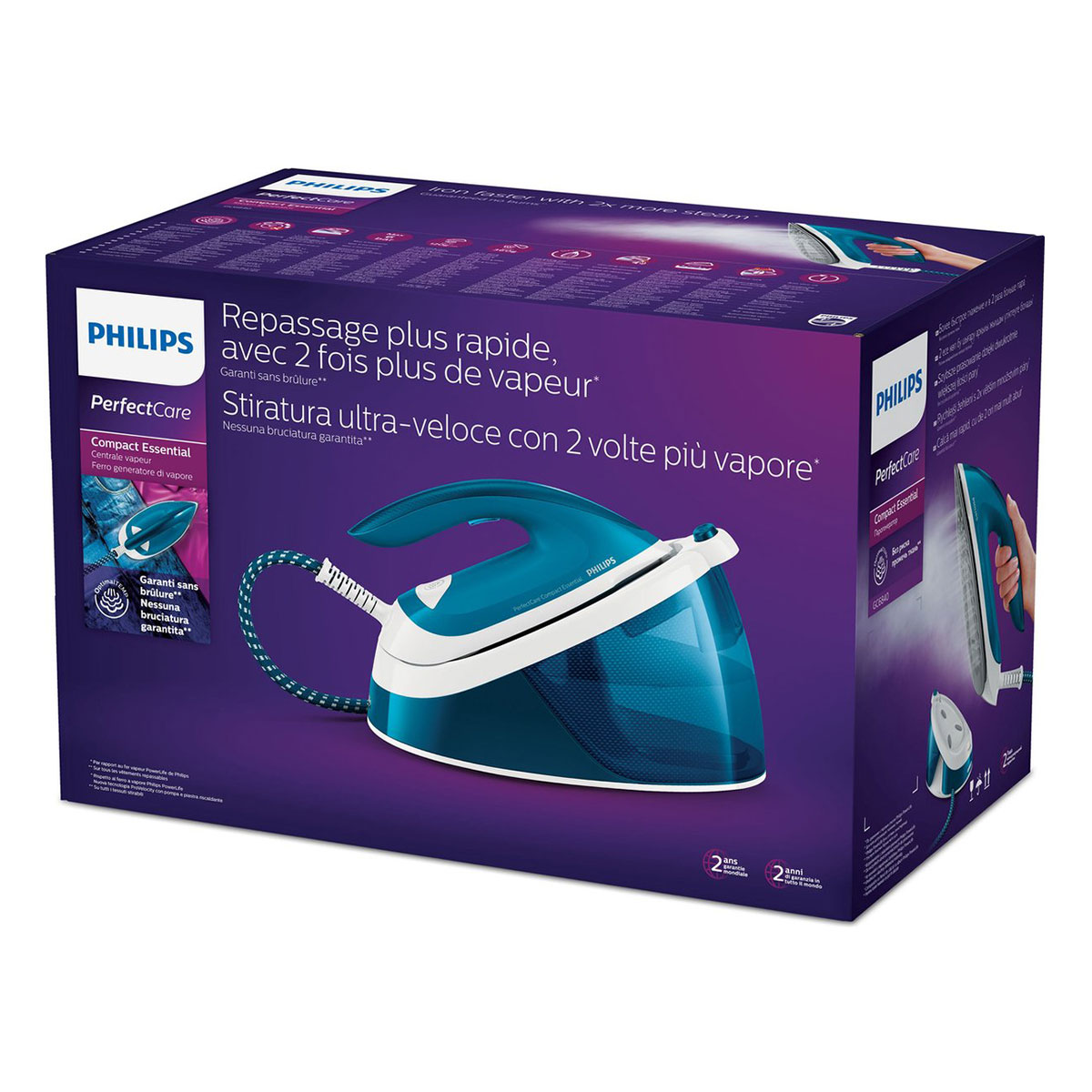 Una scatola viola di ferro da stiro con caldaia Philips PerfectCare con immagini e testo.