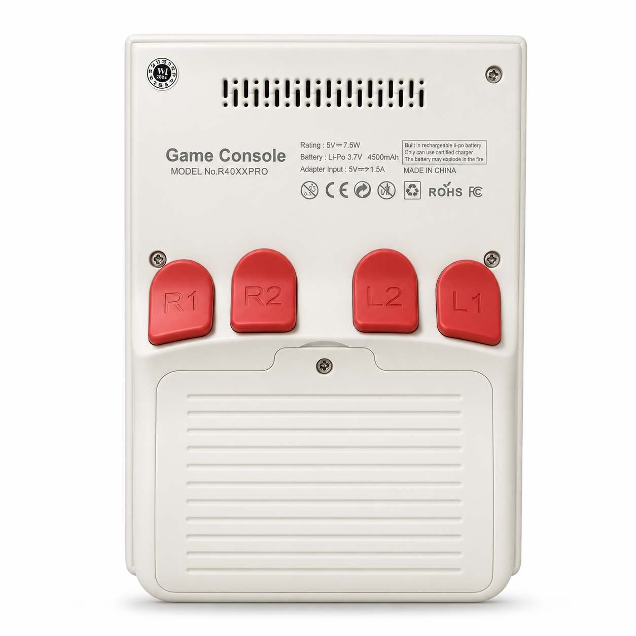 Parte trasera de una consola de juegos portátil clara con cuatro botones rojos y detalles del modelo.