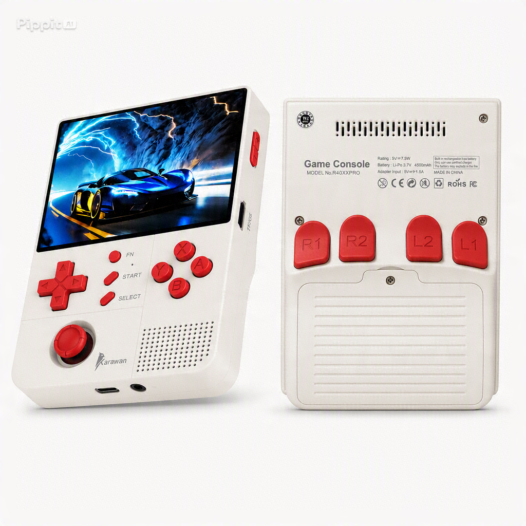 Consola de videojuegos portátil blanca con botones rojos y un juego de carreras.