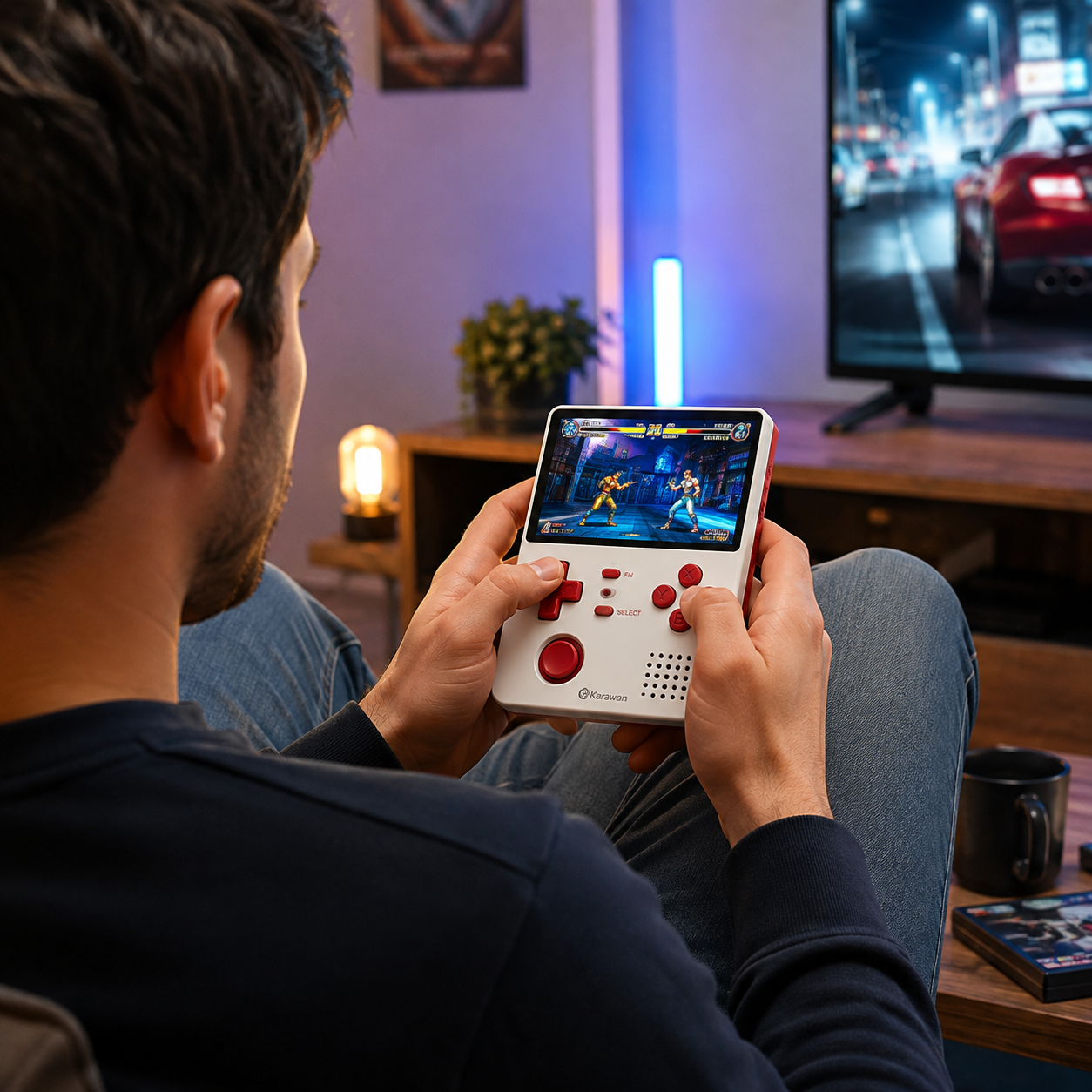 Un hombre está sentado en un sofá jugando con una consola de videojuegos portátil en una habitación iluminada.