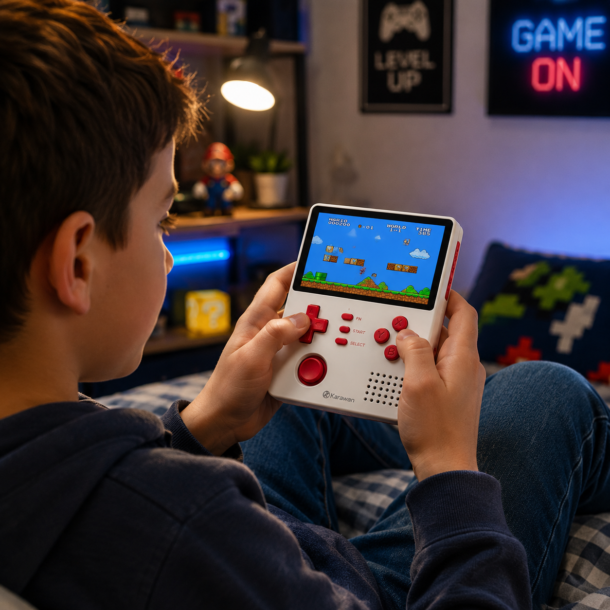 Un niño jugando a un videojuego portátil en una habitación acogedora.