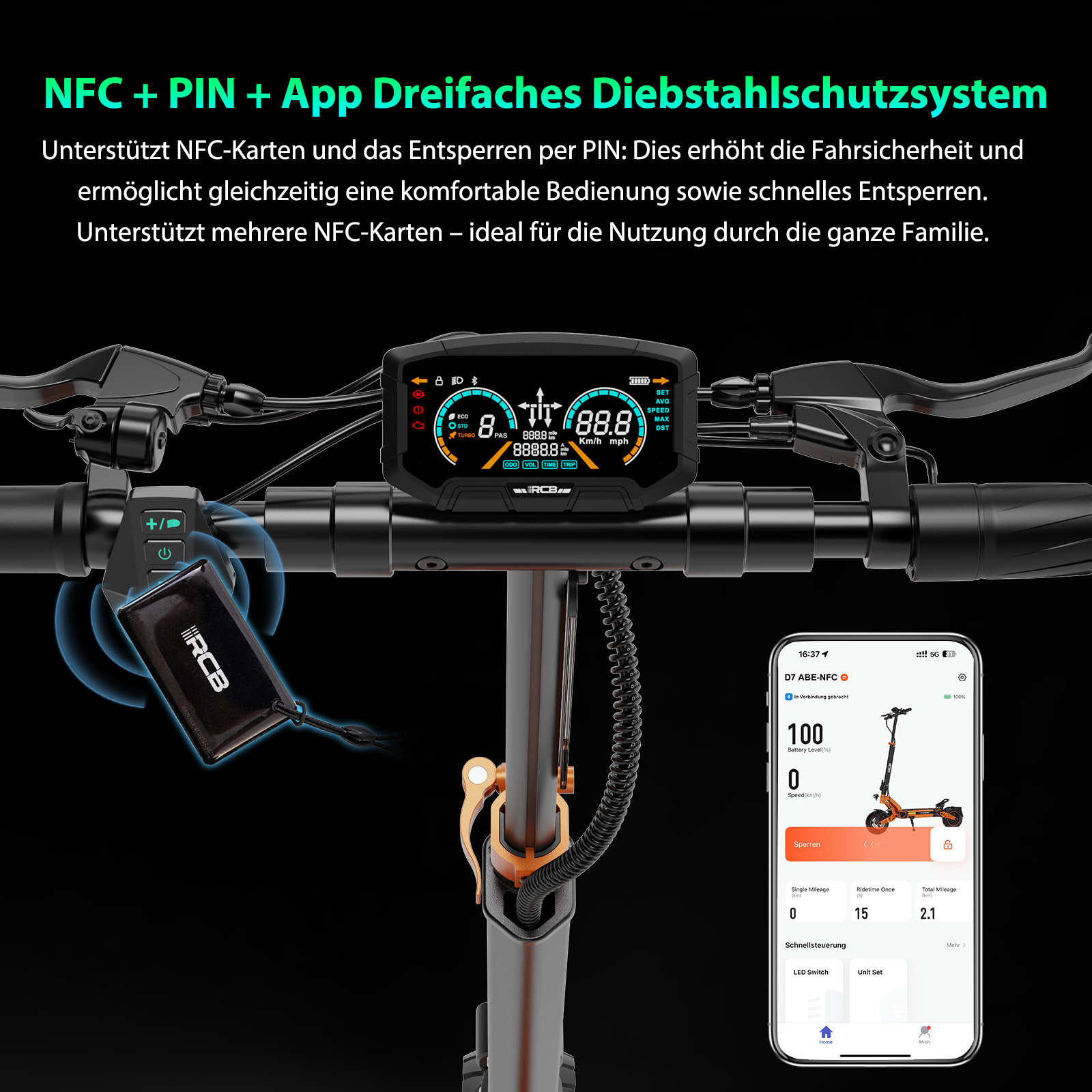 E-Scooter-Lenker mit Display, NFC-Karte, App und Diebstahlschutz.