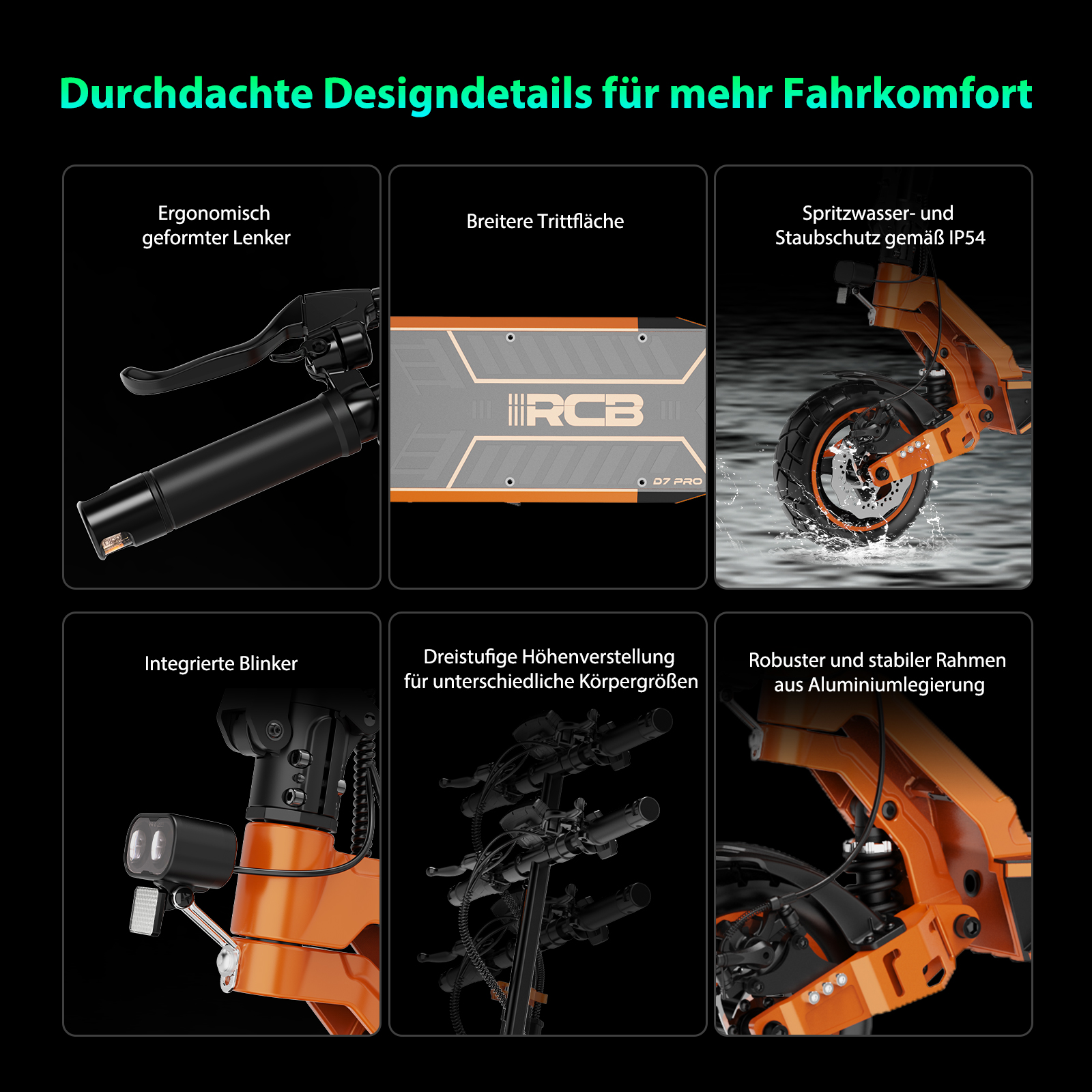 Sechs Bilder zeigen Designdetails des RCB D7 Pro E-Scooters, inklusive Lenker, Trittbrett, Schutz und Rahmen.
