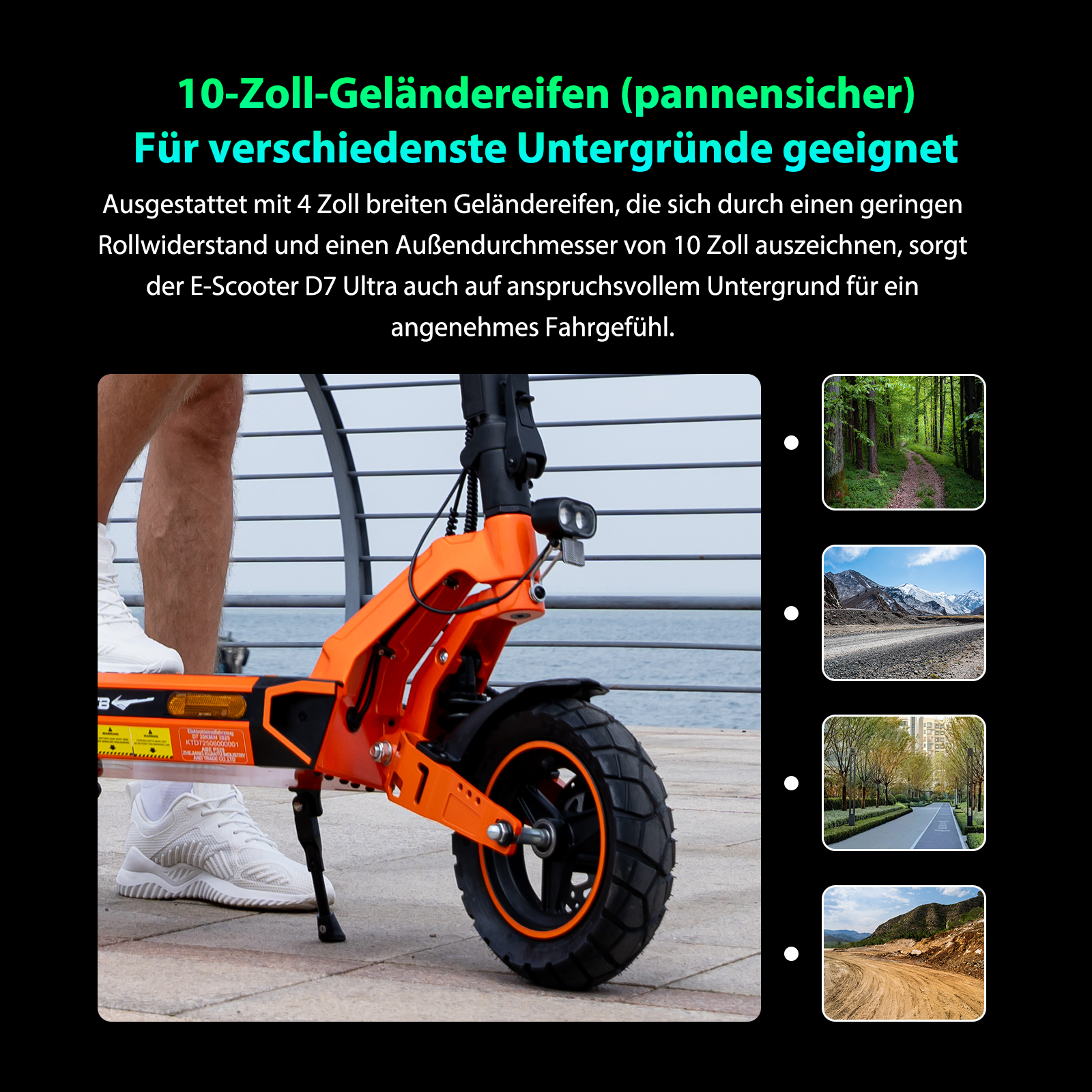 Ein orangefarbener E-Scooter mit Offroad-Reifen steht im Vordergrund, rechts sind vier verschiedene Landschaften zu sehen.