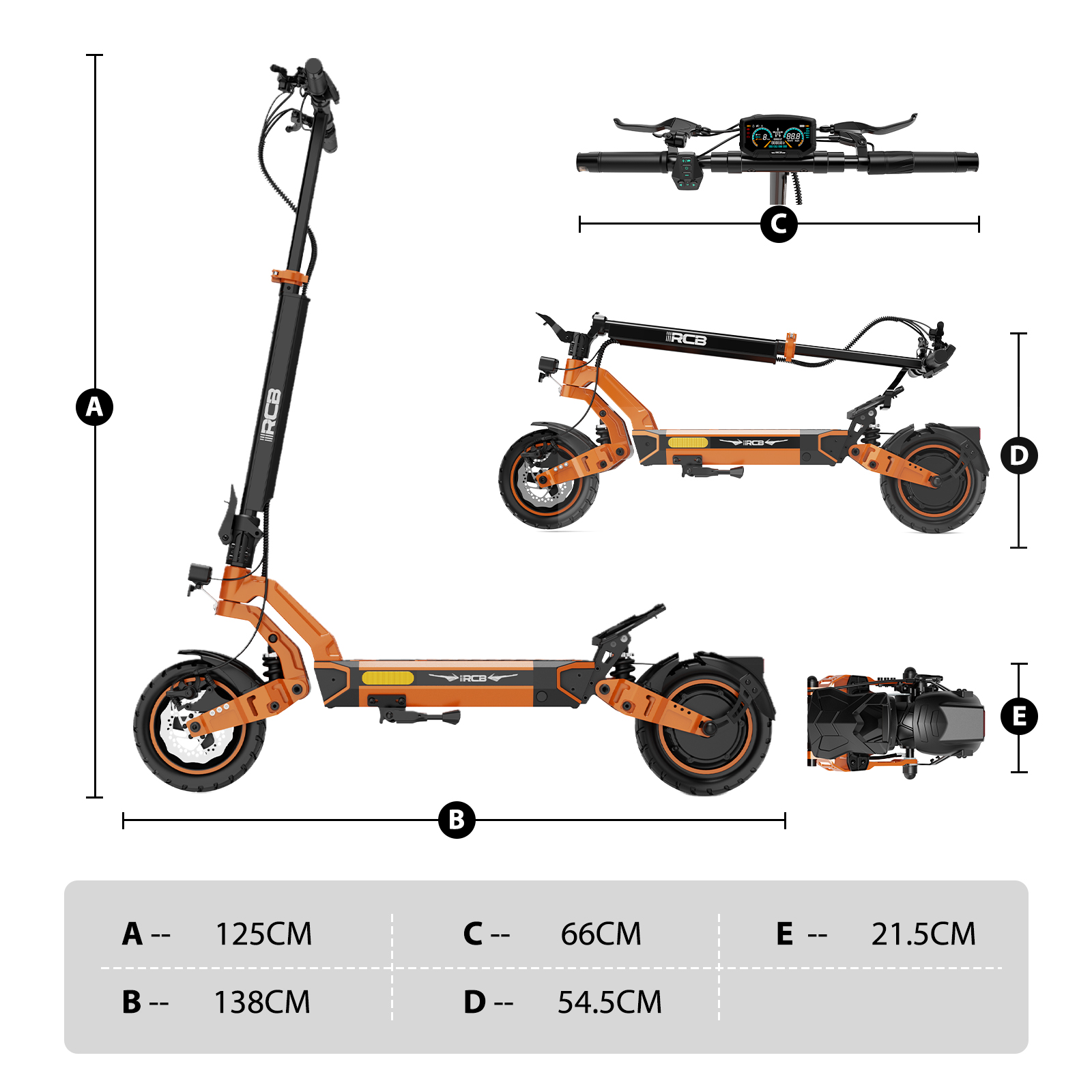 Ein orange-schwarzer E-Scooter in verschiedenen Faltzuständen mit Maßangaben A bis E und einer Größentabelle.