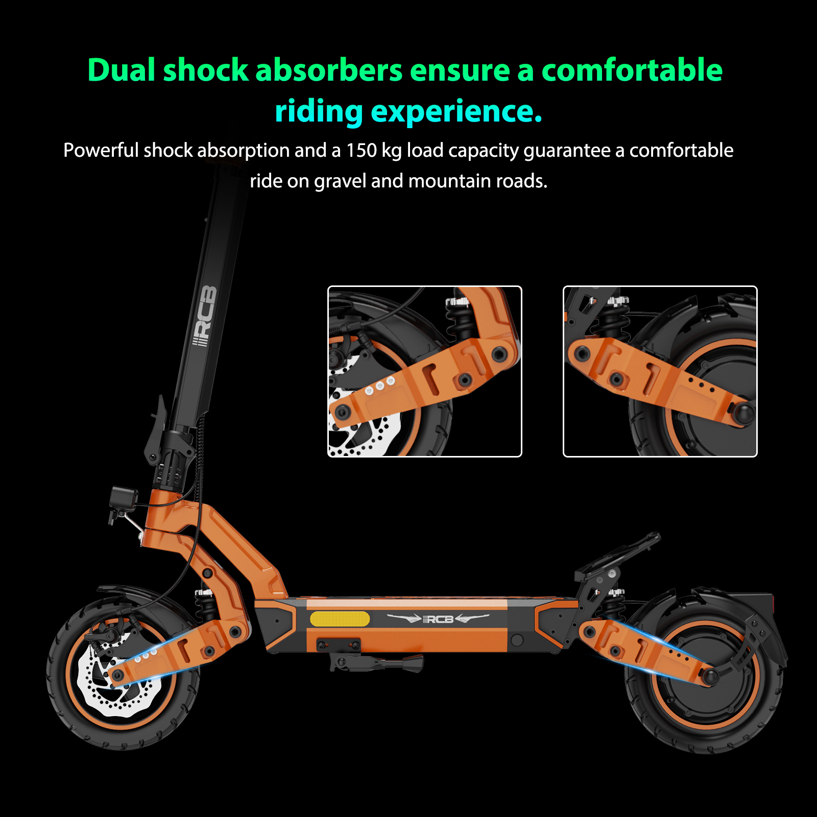 Ein orange-schwarzer E-Scooter mit Doppelfederung und Detailaufnahmen von Stoßdämpfern.