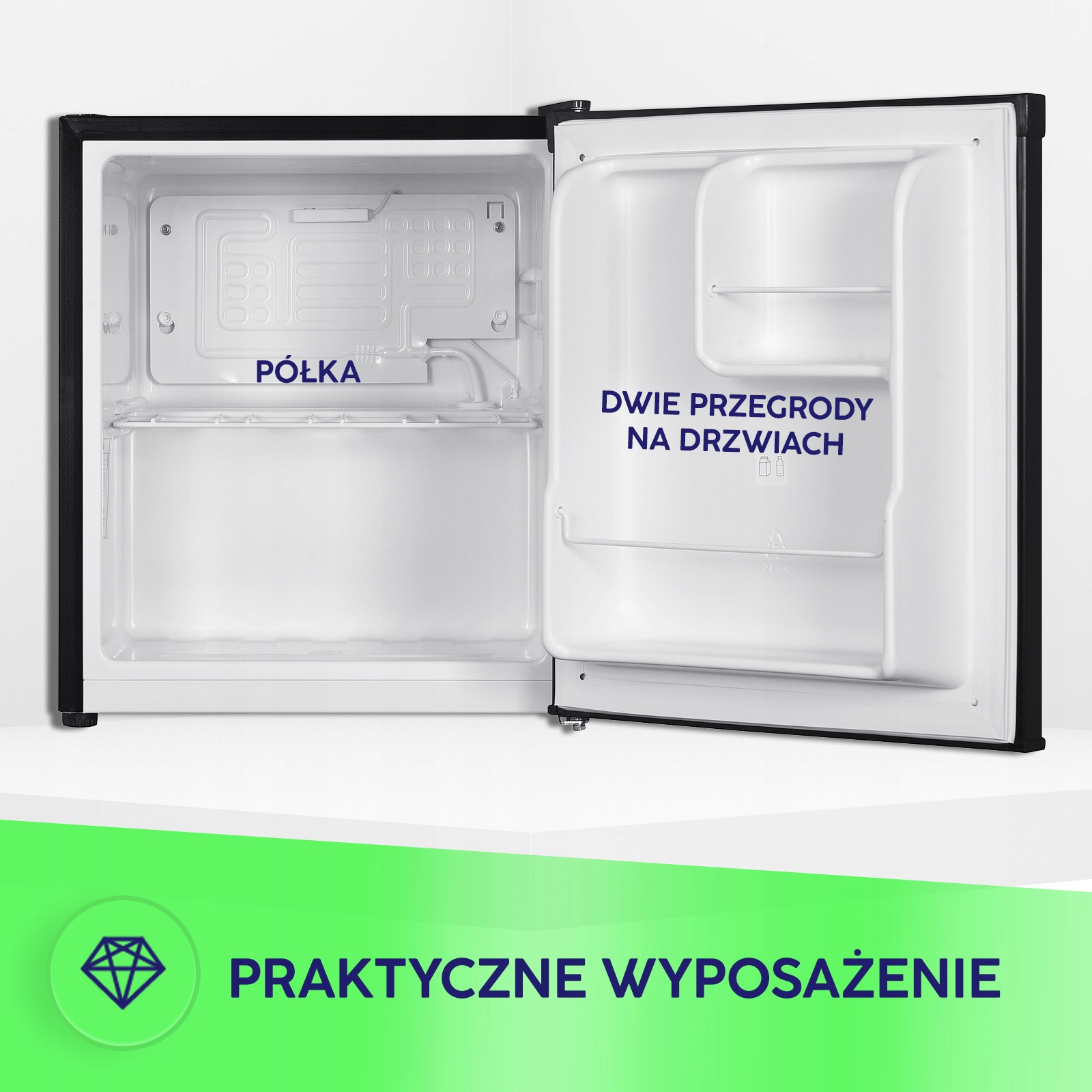 Otwarta mała lodówka z jedną półką wewnątrz i dwiema przegrodami na drzwiach.