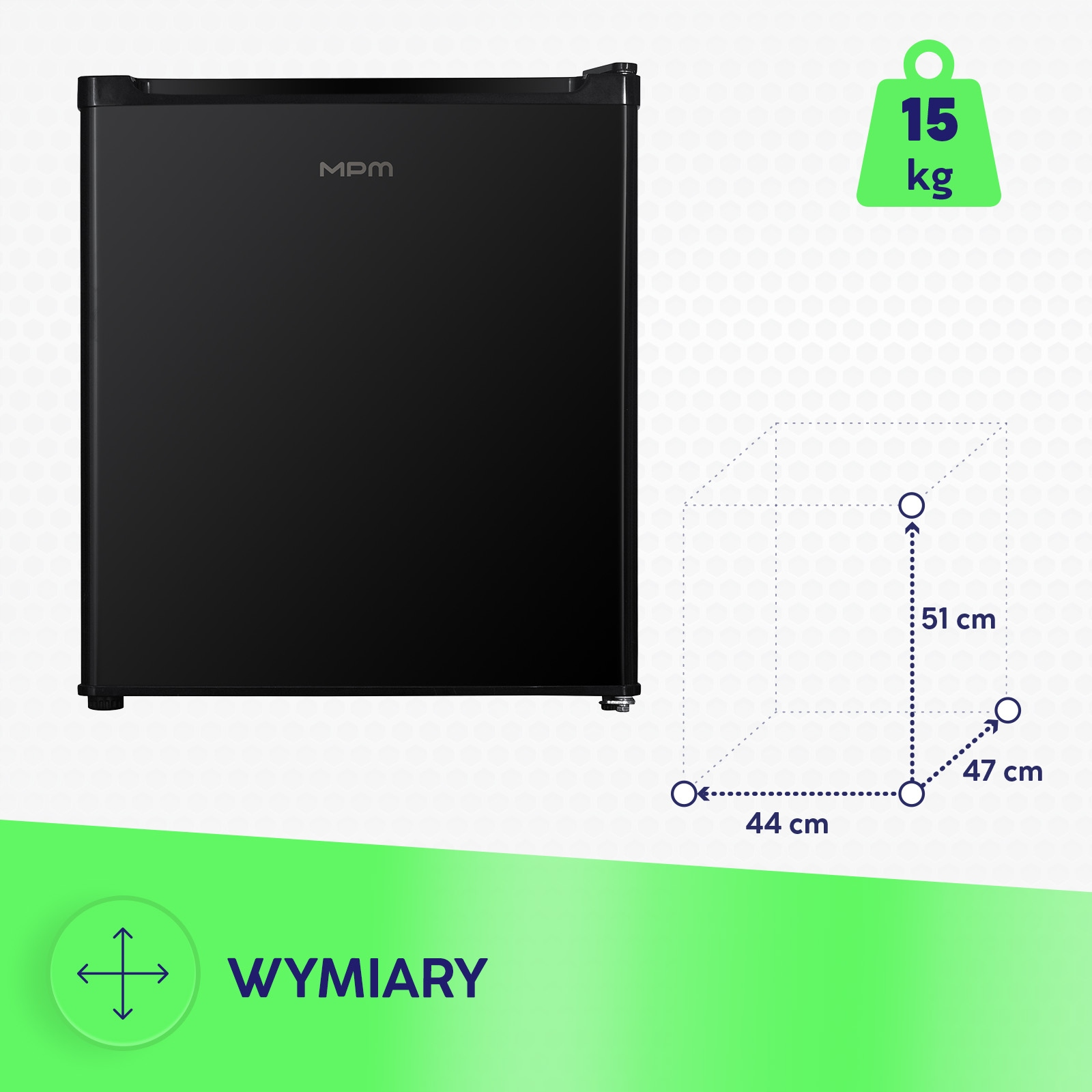 Czarna lodówka MPM o wymiarach 51x44x47 cm i wadze 15 kg na białym tle z zielonymi akcentami.