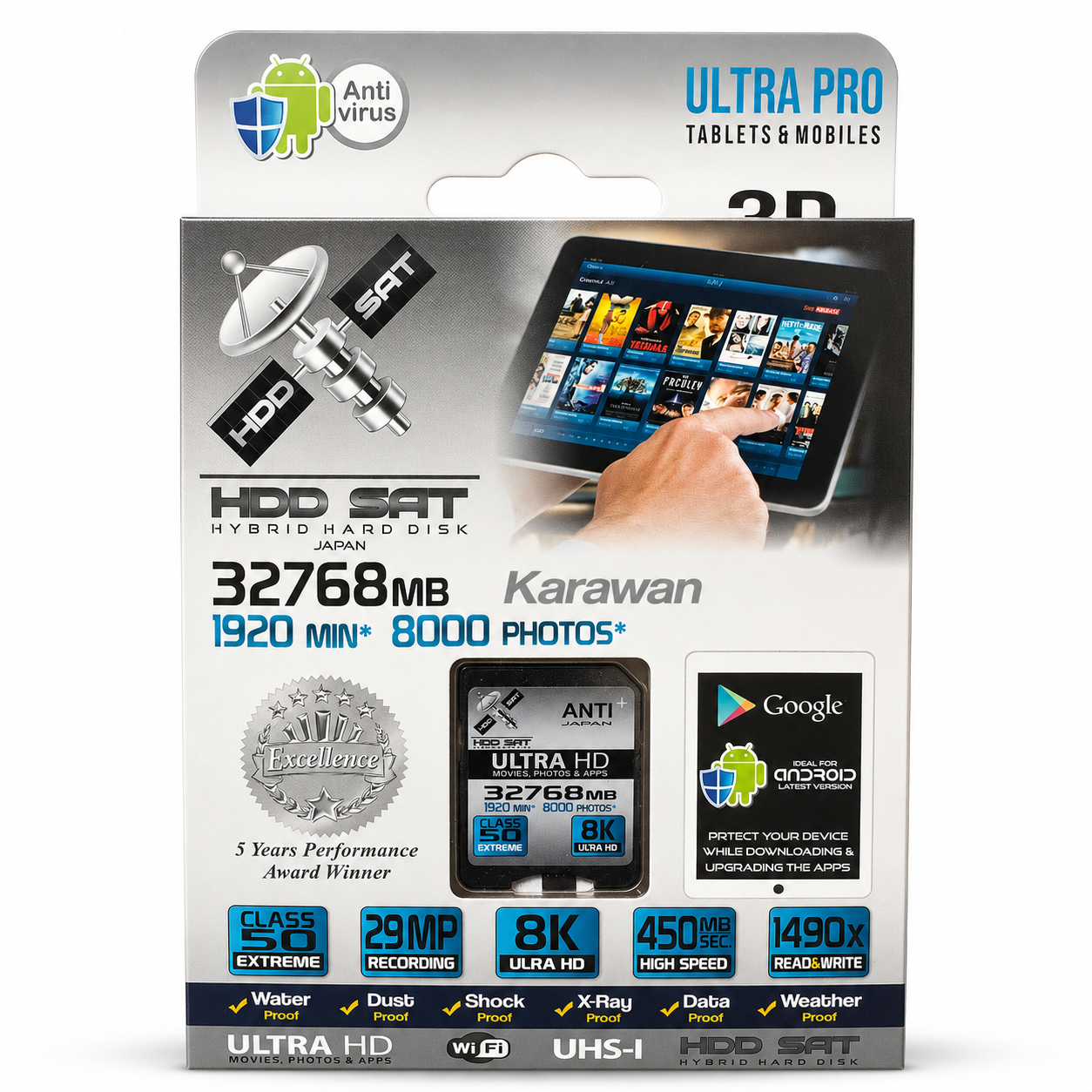 Embalaje de una tarjeta de memoria Ultra Pro con detalles técnicos y logotipos.