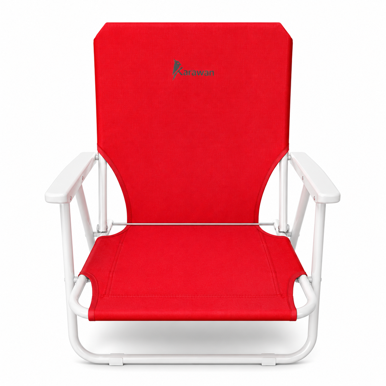 Una silla de playa plegable roja con estructura de metal blanca y reposabrazos sobre fondo blanco.