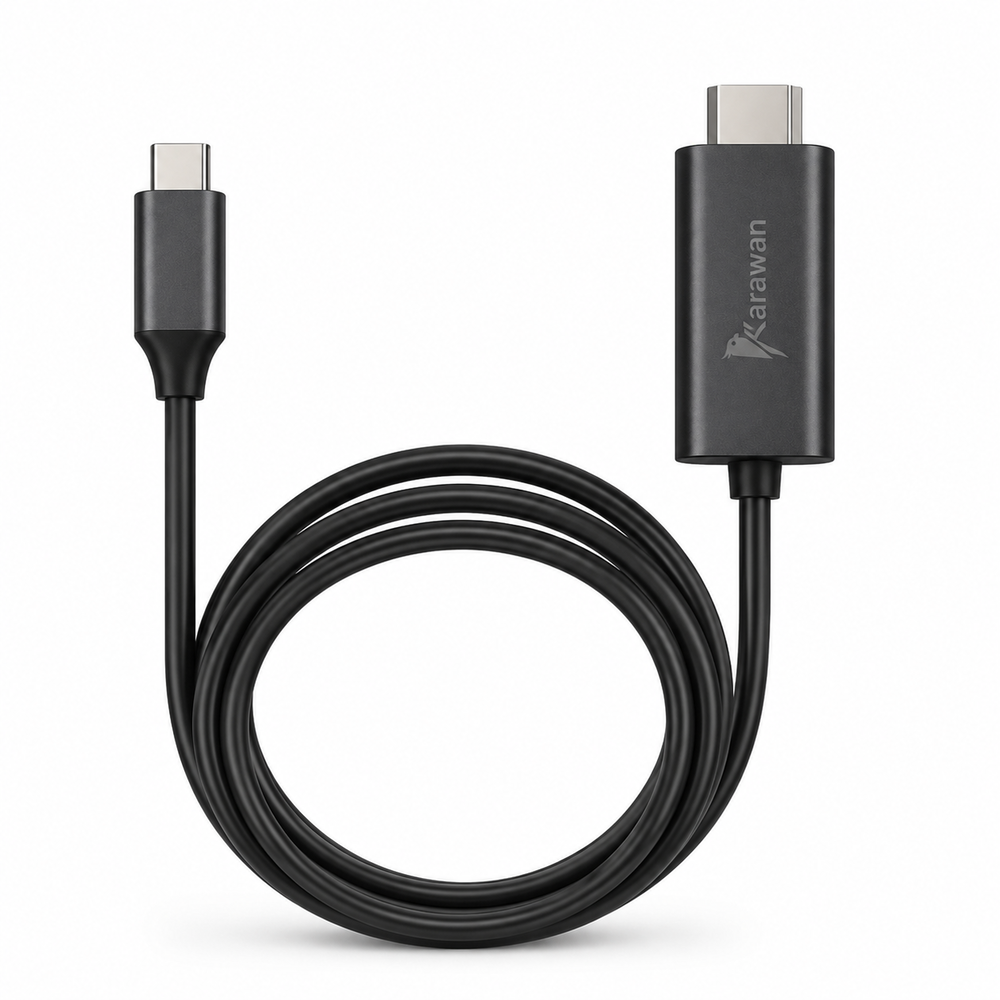 Un cable USB-C negro con sección enrollada y logotipo de marca en el conector más grande.