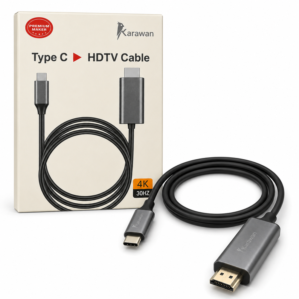 Cable Karawan Tipo C a HDTV con 4K 30Hz frente a su empaque de producto sobre fondo blanco.