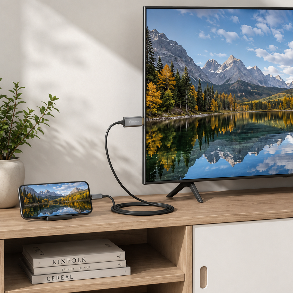 Un smartphone está conectado por cable a un televisor, mostrando un paisaje montañoso en un mueble de madera.