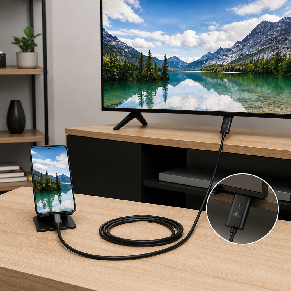 Un teléfono está conectado a un televisor con un cable negro, ambos muestran la misma imagen de paisaje.