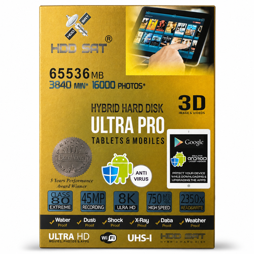Embalaje dorado de un disco duro híbrido Ultra Pro con texto, logotipos e imágenes de tabletas.