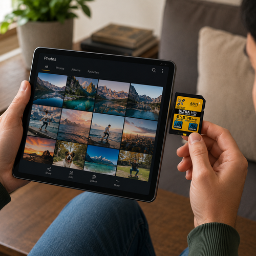 Persona sosteniendo una tablet con galería de fotos e insertando una tarjeta SD.