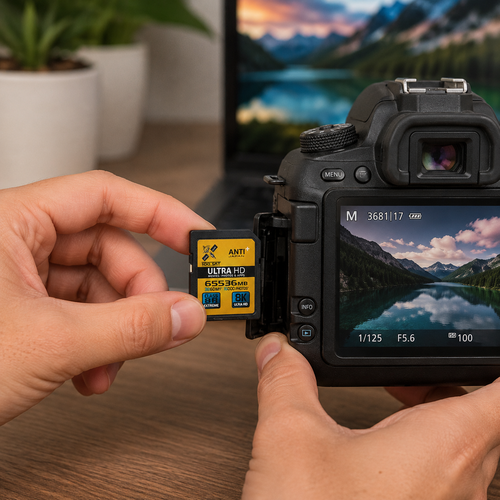 Una persona inserta una tarjeta de memoria en una cámara DSLR negra.