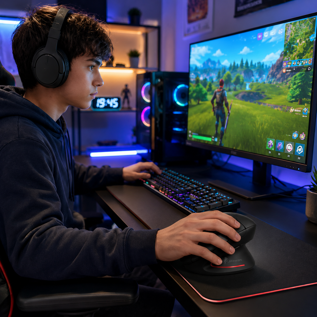 Un joven con auriculares juega a un videojuego en un PC en un escritorio con iluminación azul.