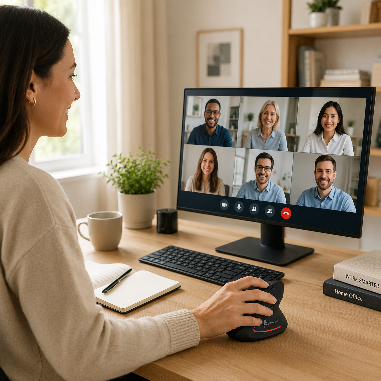 Mujer en un escritorio participando en una videoconferencia con seis personas.