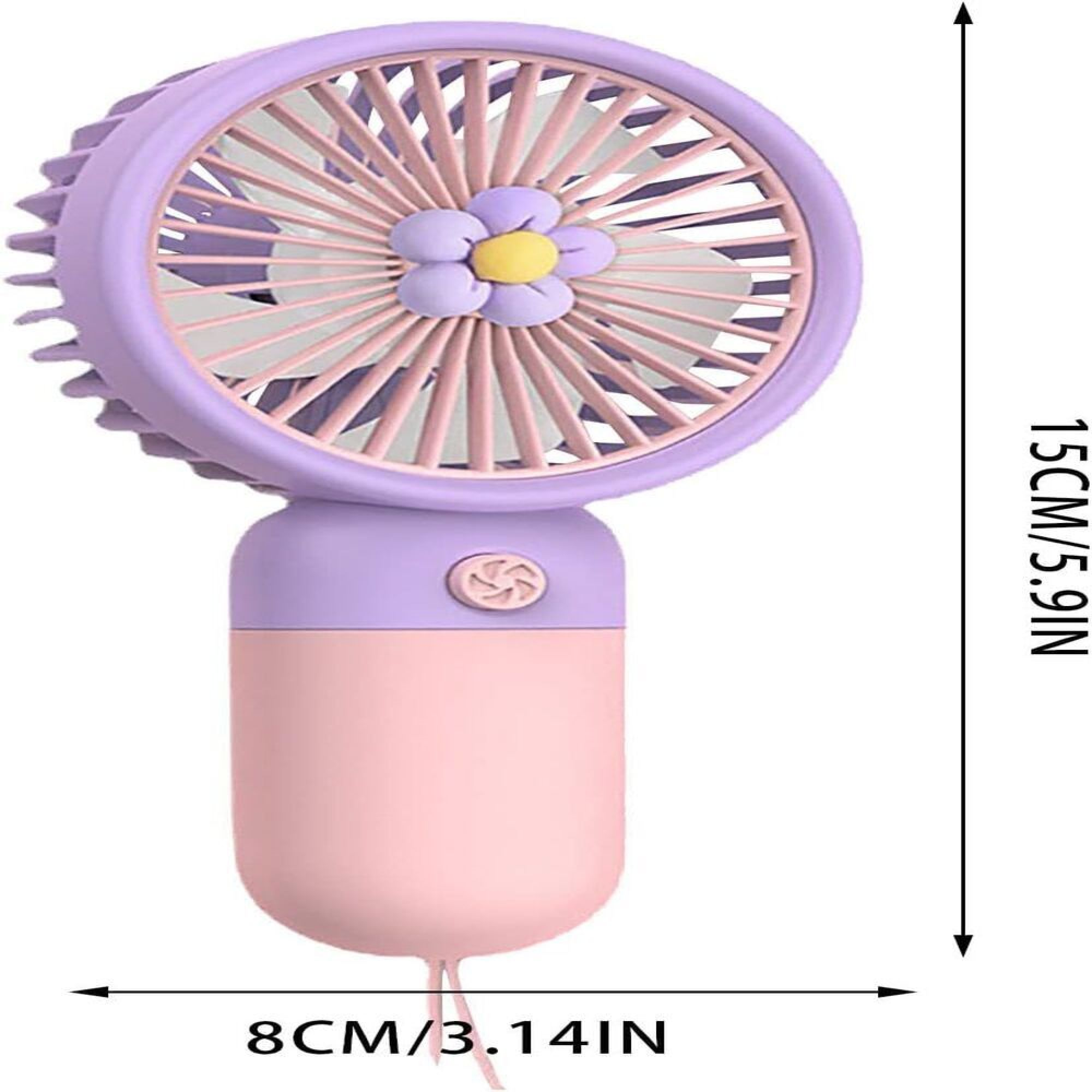 Ein lila und rosa Handventilator mit Maßen von 15 cm Höhe und 8 cm Breite.