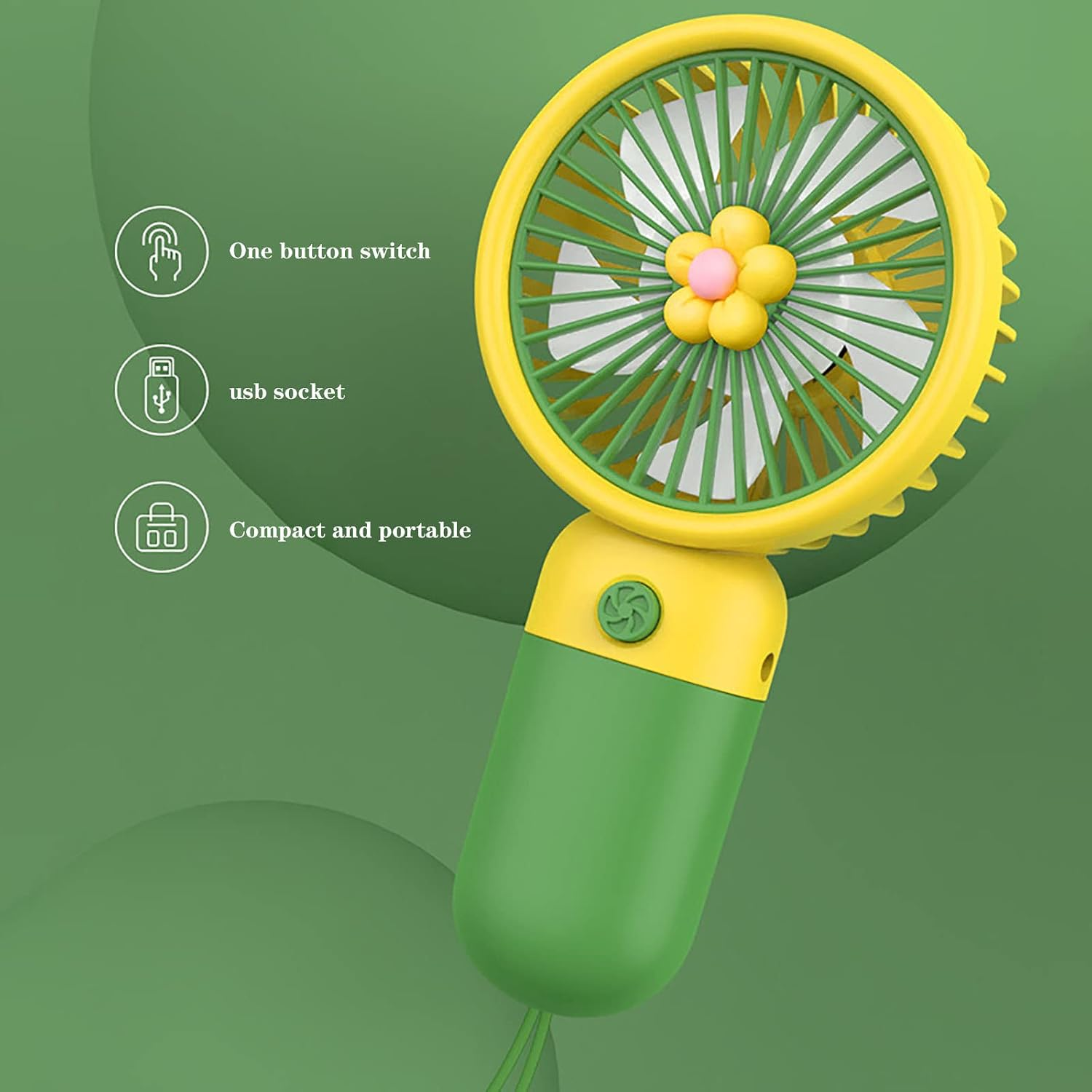 Ein tragbarer grüner und gelber Handventilator mit Blumendekor und Produktmerkmalen.