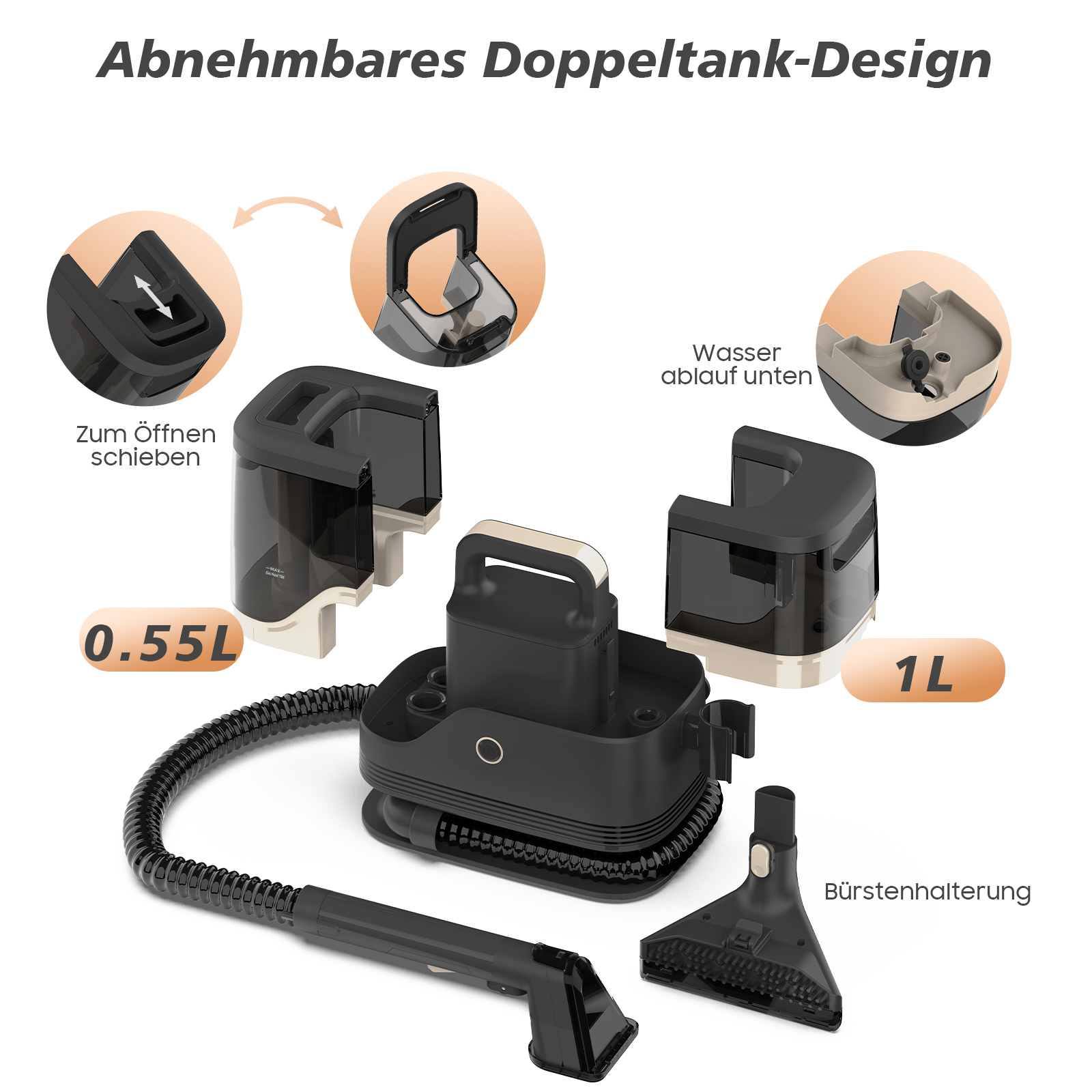 Diagramm zeigt das Doppeltanksystem eines Staubsaugers mit zwei Tanks, Schläuchen und Zuteilen.