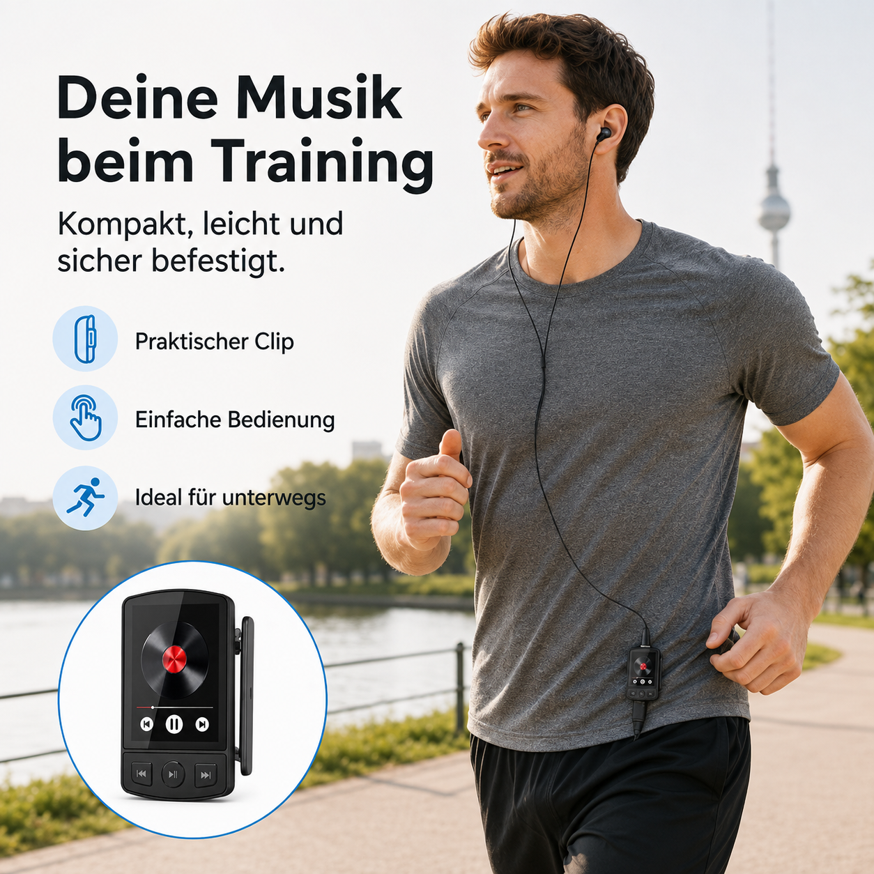Ein Mann joggt im Freien mit Kopfhörern, die an einem kleinen Musikplayer am Shirt verbunden sind.