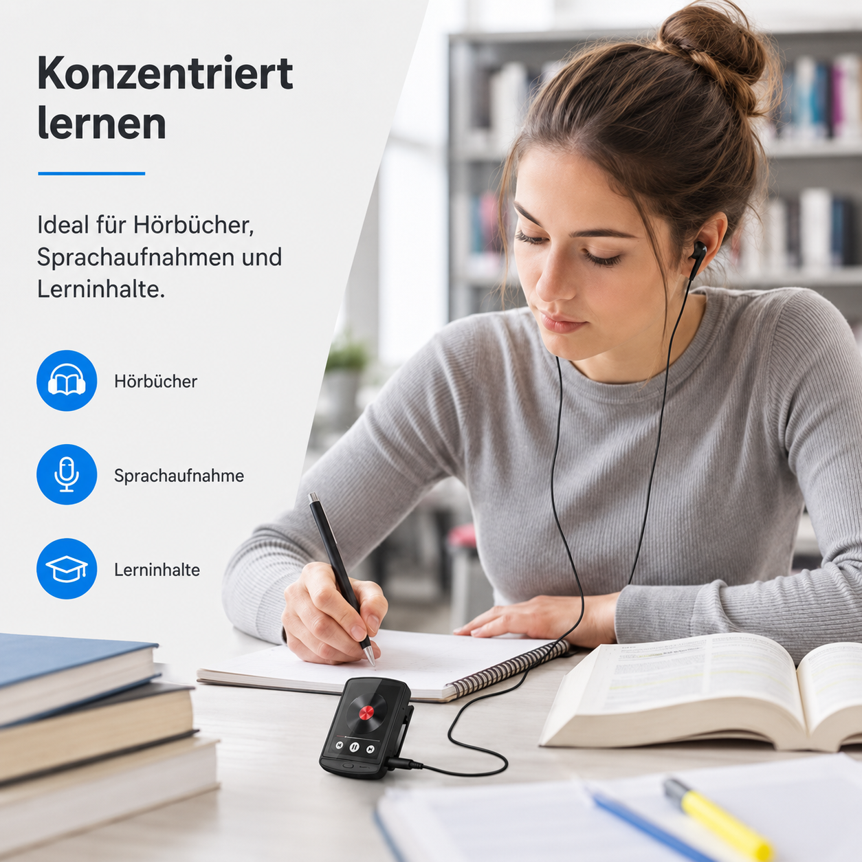 Eine Frau lernt am Schreibtisch und hört mit Kopfhörern ein Audiogerät, während sie in ein Heft schreibt.