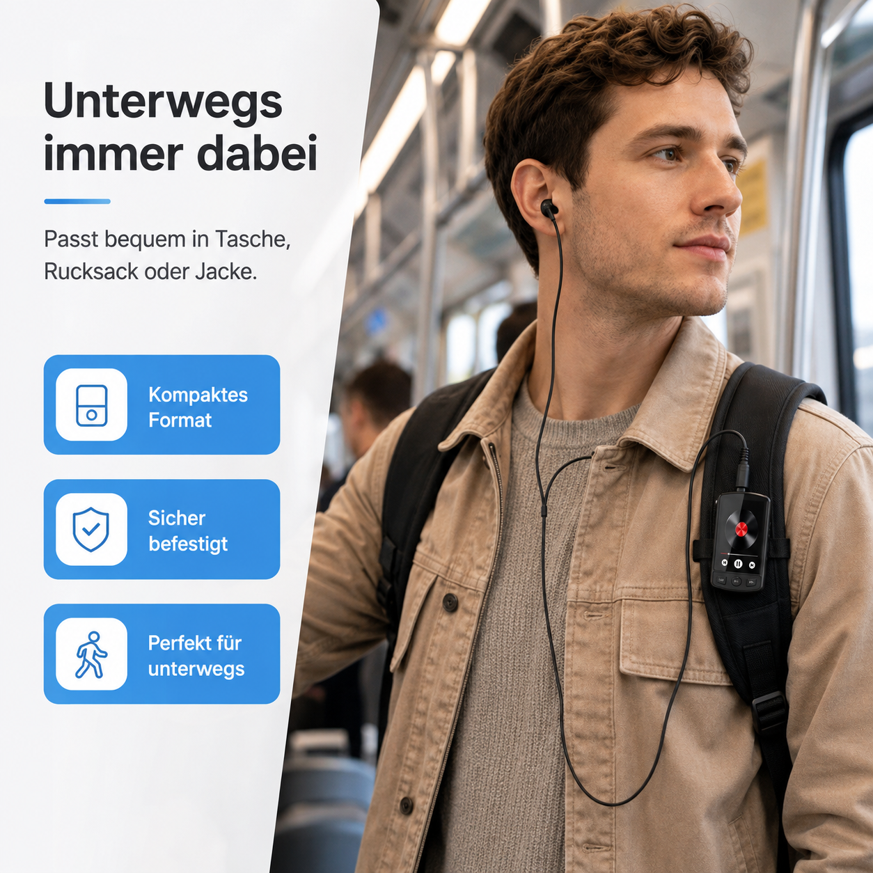 Ein Mann mit Ohrhörern und Rucksack in einem Zug, daneben deutscher Werbetext.