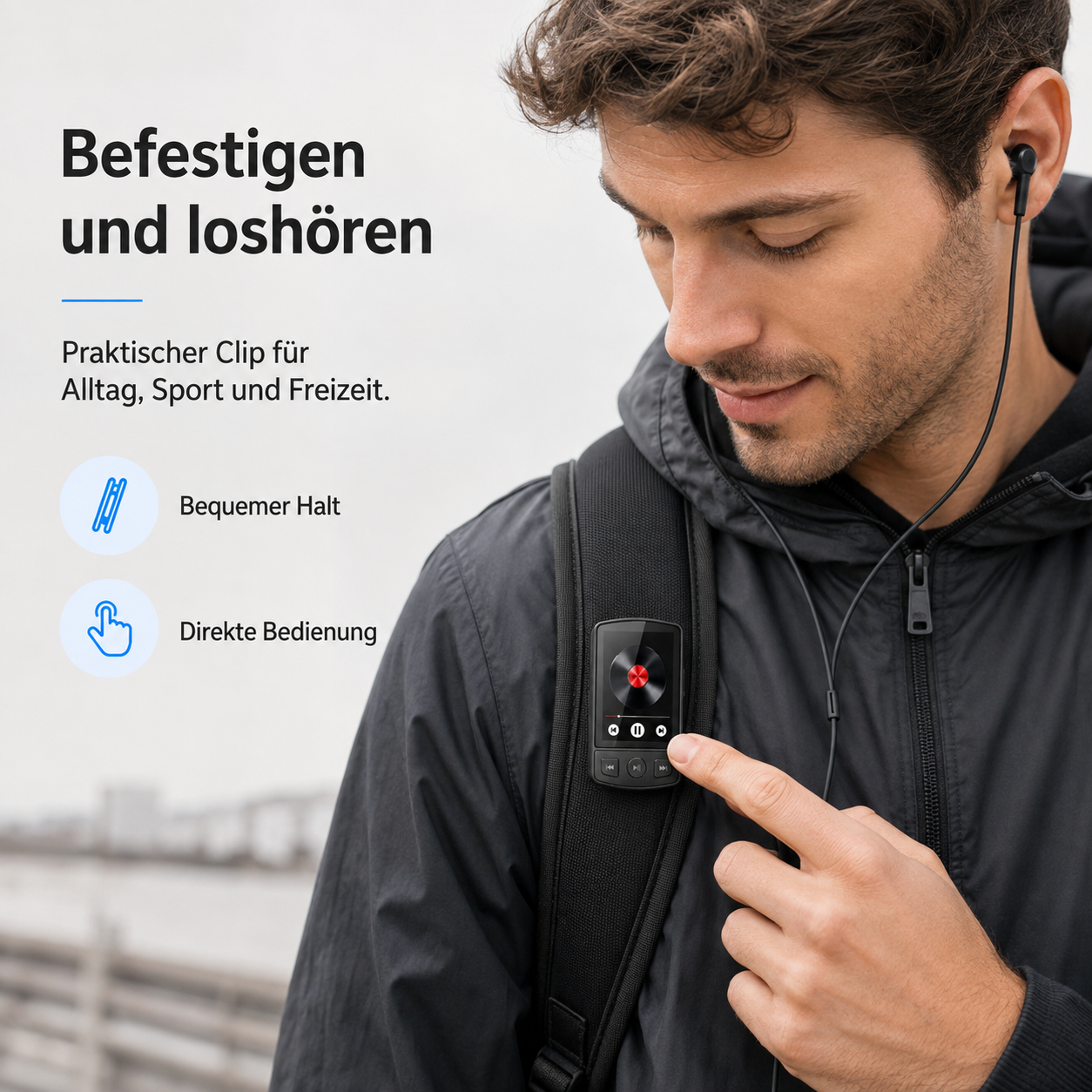 Ein Mann mit Kopfhörern bedient einen kleinen MP3-Player, der an seinem Rucksackträger befestigt ist.
